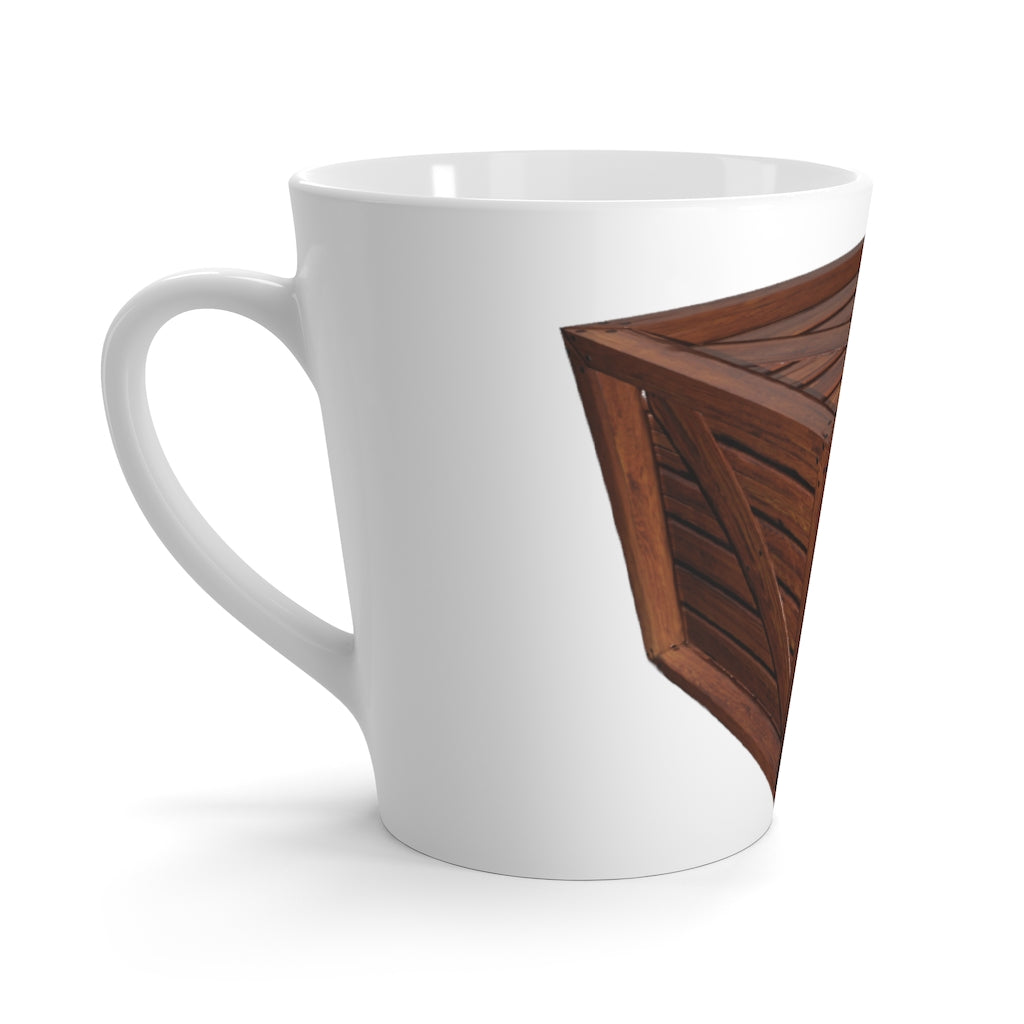 A stylish white ceramic Crate Latte Mug with a C-handle, perfect for enjoying lattes.