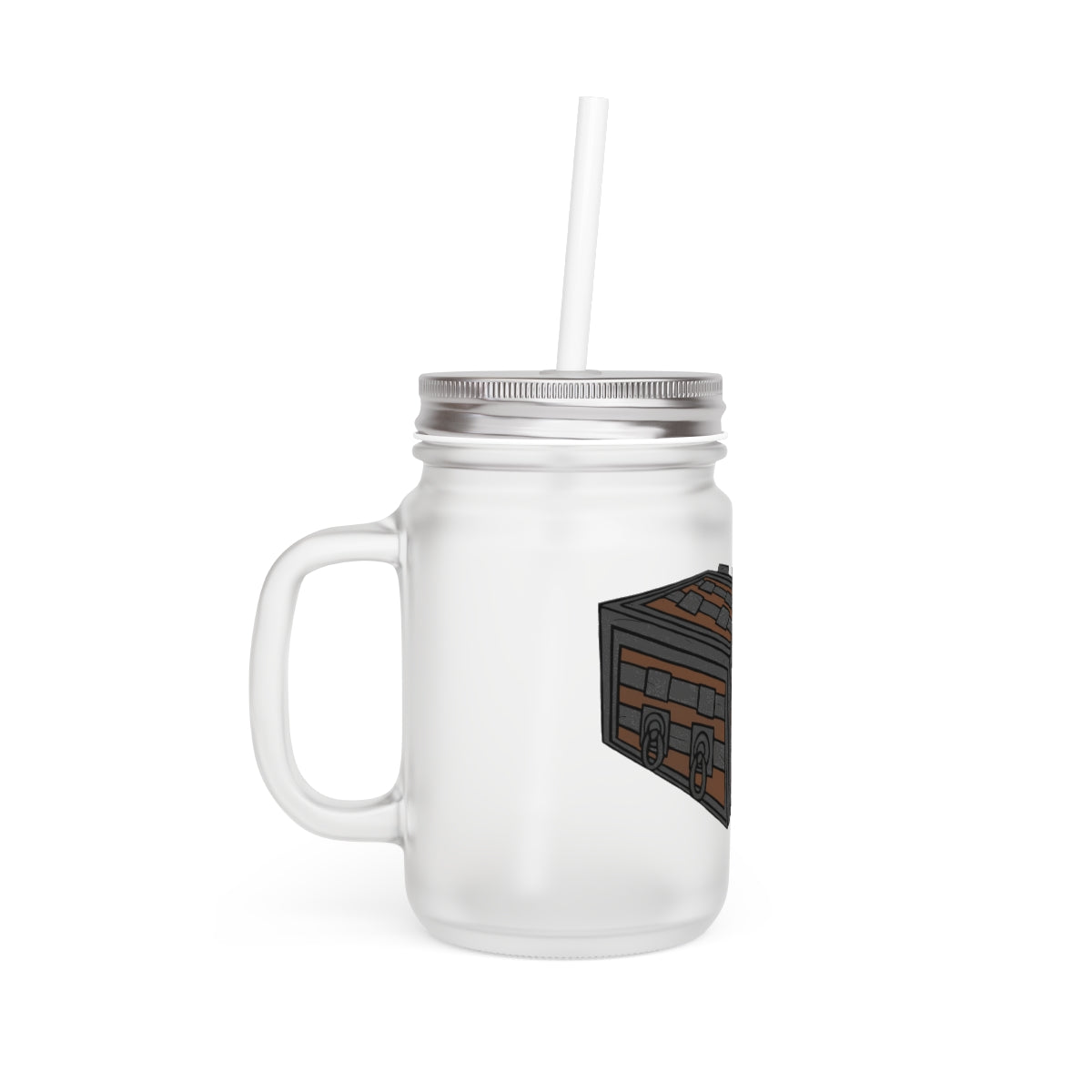 A stylish Crate Mason Jar made of frosted glass, featuring a straw and lid, perfect for personalized drinks.