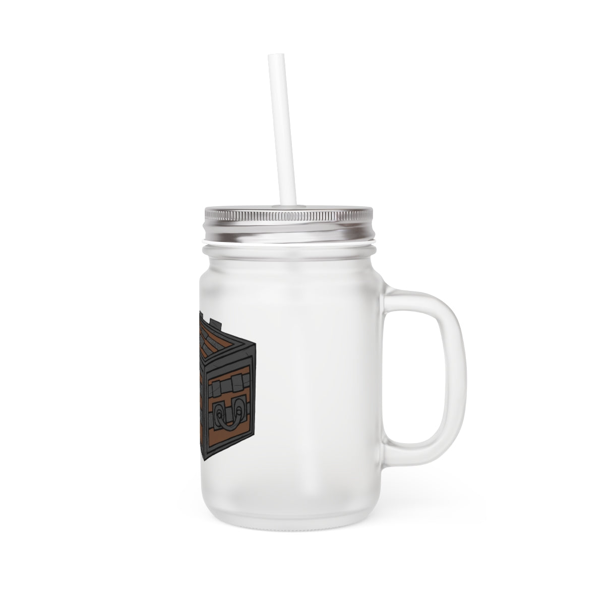 A stylish Crate Mason Jar made of frosted glass, featuring a straw and lid, perfect for personalized drinks.