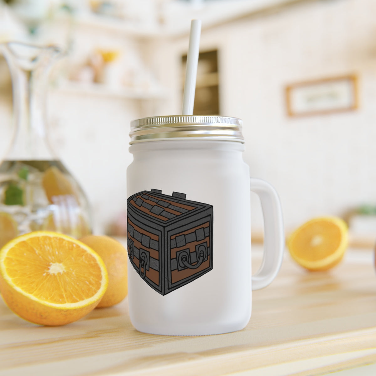 A stylish Crate Mason Jar made of frosted glass, featuring a straw and lid, perfect for personalized drinks.