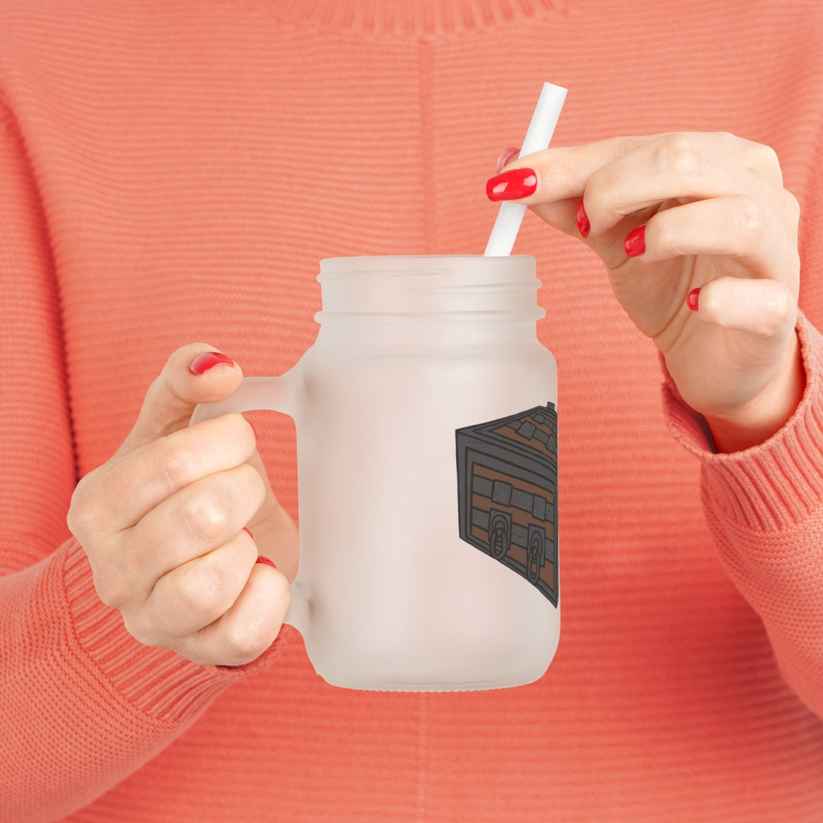 A stylish Crate Mason Jar made of frosted glass, featuring a straw and lid, perfect for personalized drinks.