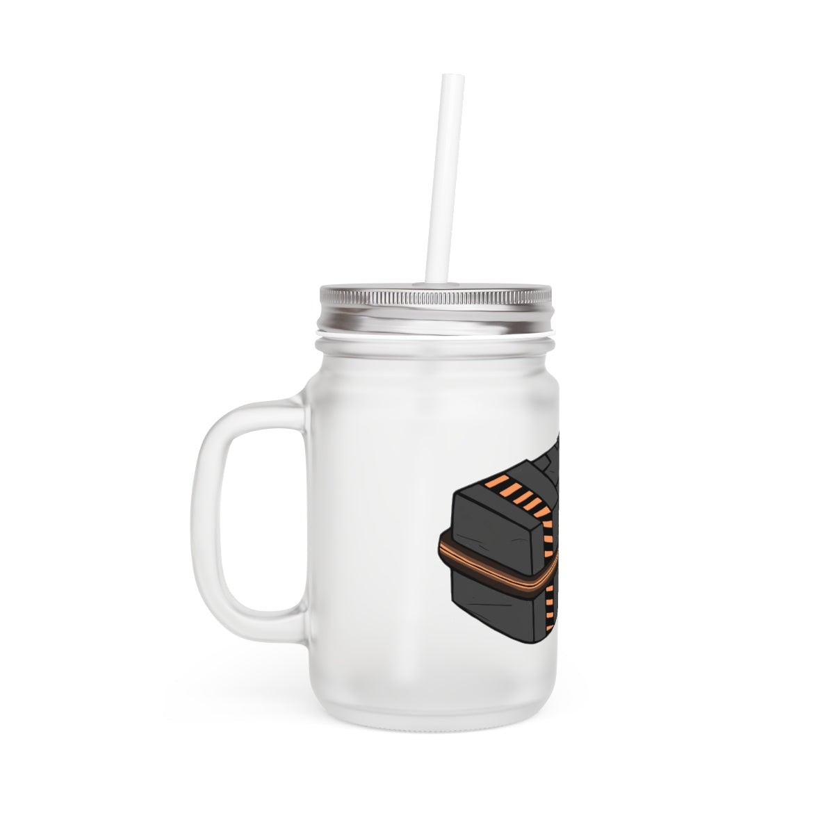 A stylish Crate Mason Jar made of frosted glass, featuring a lid and straw, perfect for personalized drinks.