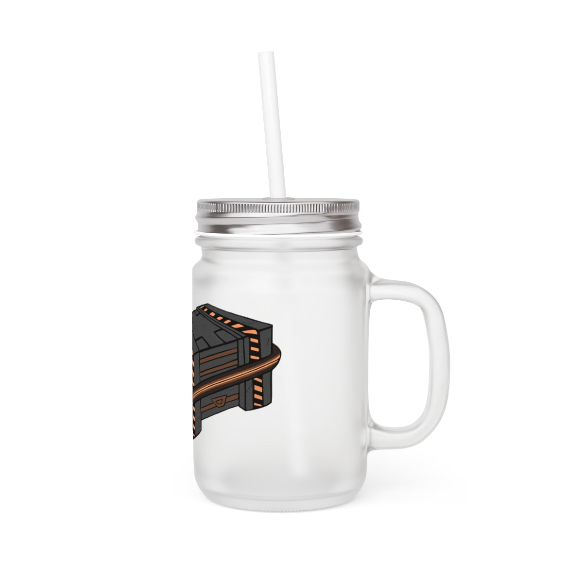 A stylish Crate Mason Jar made of frosted glass, featuring a lid and straw, perfect for personalized drinks.