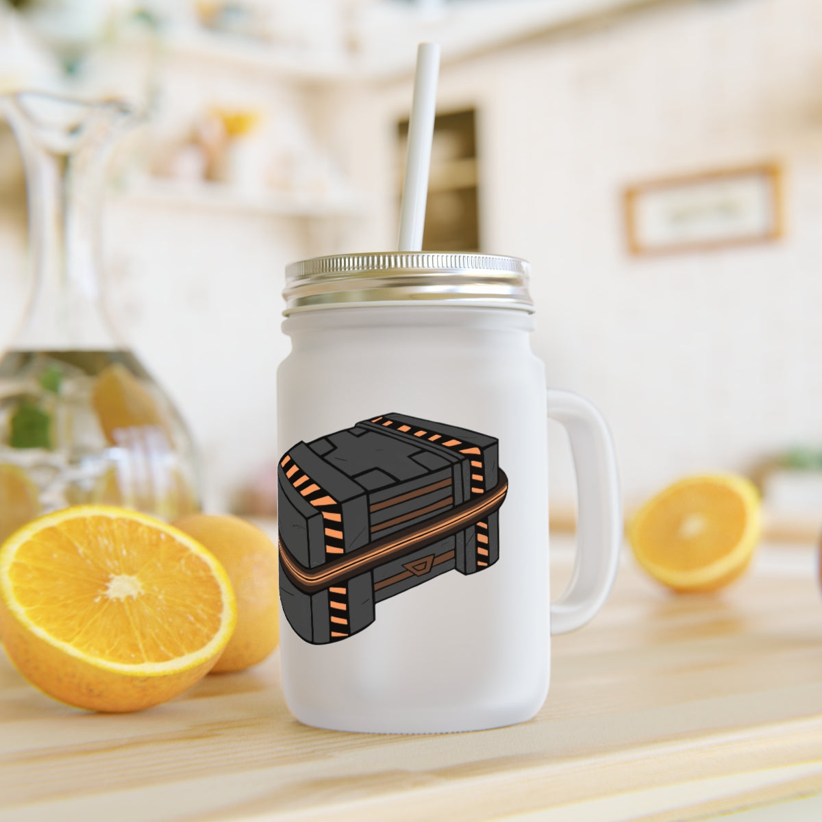 A stylish Crate Mason Jar made of frosted glass, featuring a lid and straw, perfect for personalized drinks.