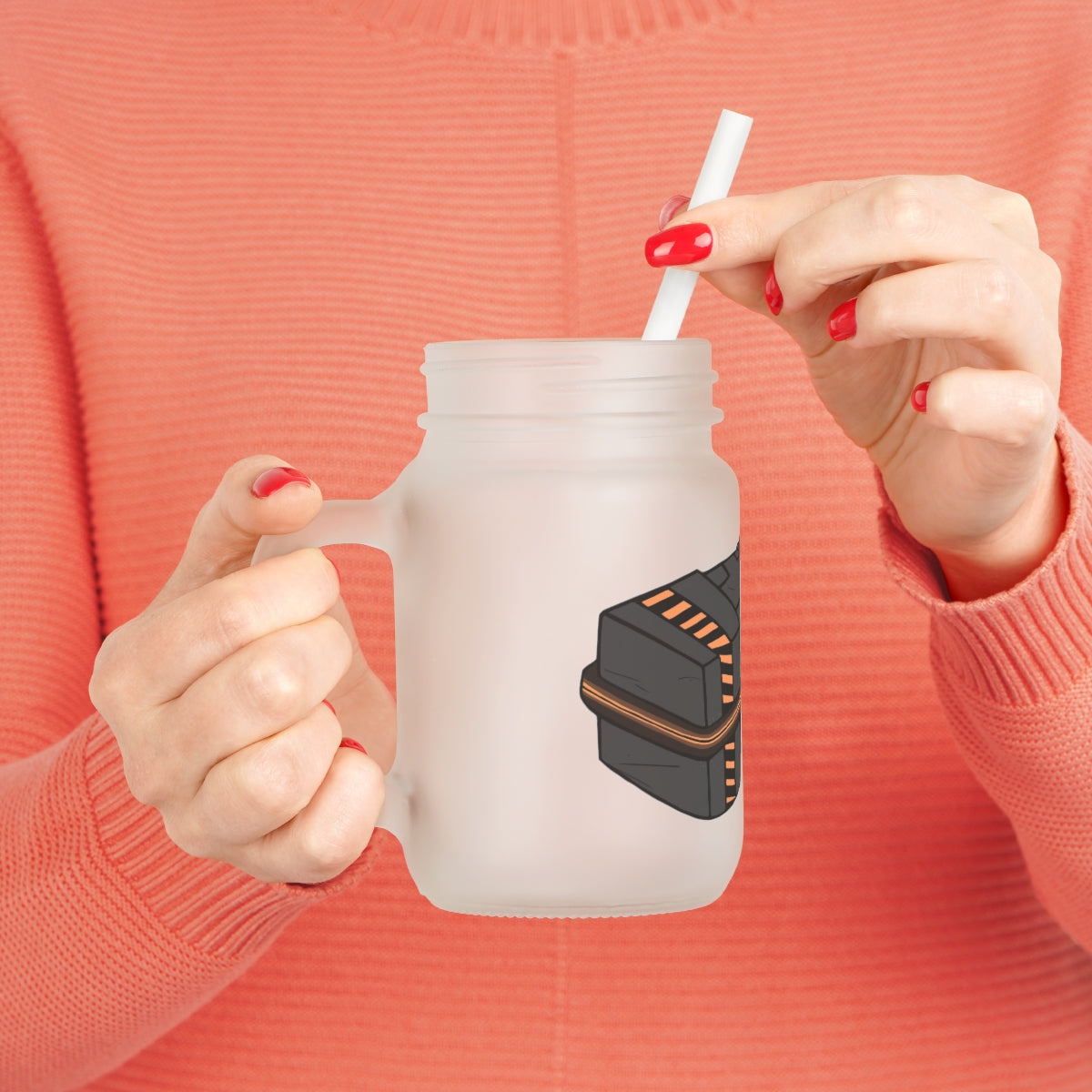 A stylish Crate Mason Jar made of frosted glass, featuring a lid and straw, perfect for personalized drinks.