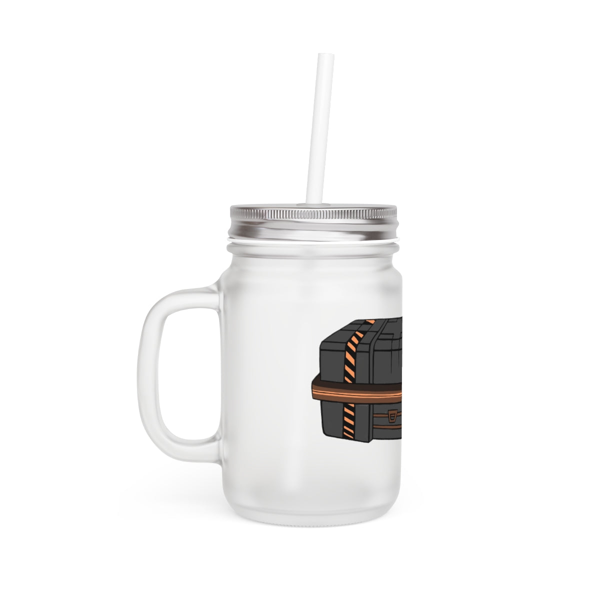 A stylish Crate Mason Jar made of frosted glass, featuring a lid and straw, perfect for personalized drinks.