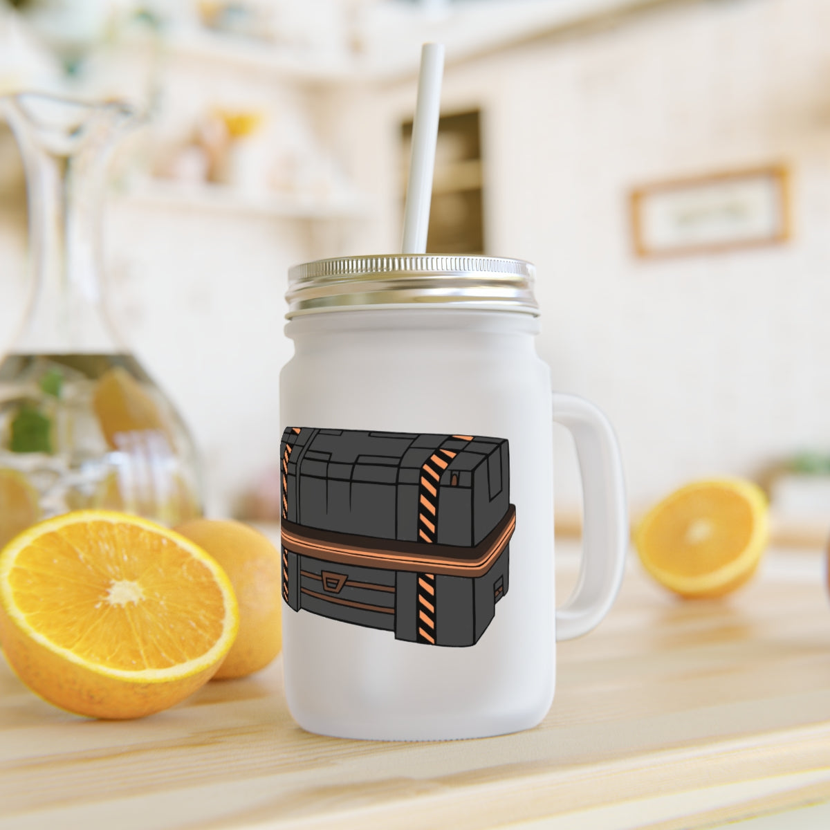 A stylish Crate Mason Jar made of frosted glass, featuring a lid and straw, perfect for personalized drinks.