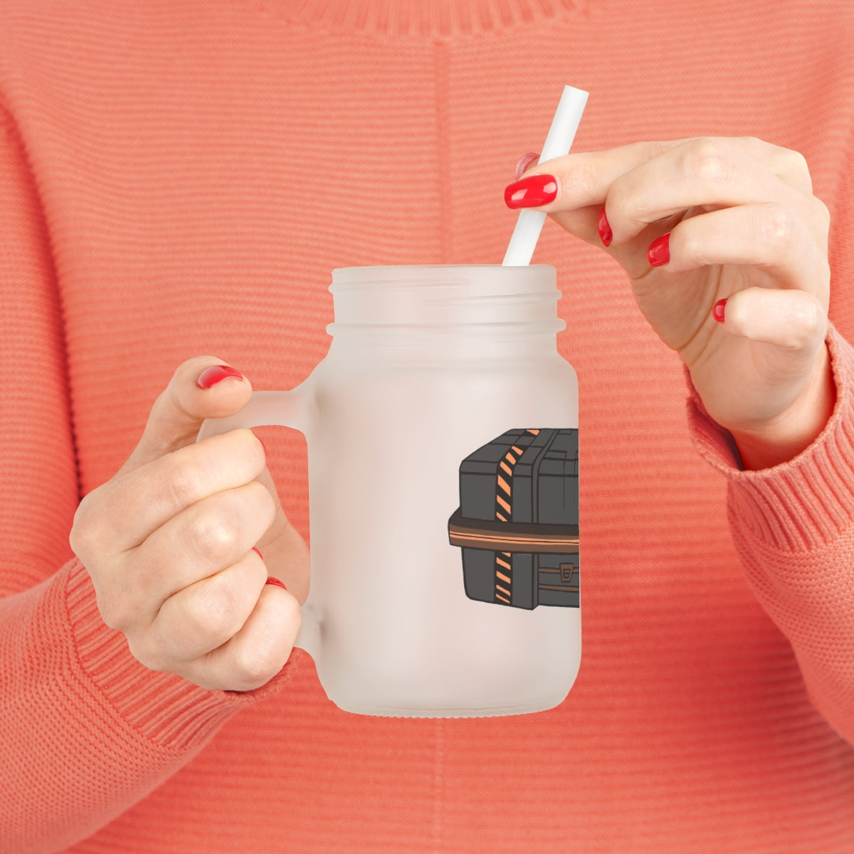 A stylish Crate Mason Jar made of frosted glass, featuring a lid and straw, perfect for personalized drinks.