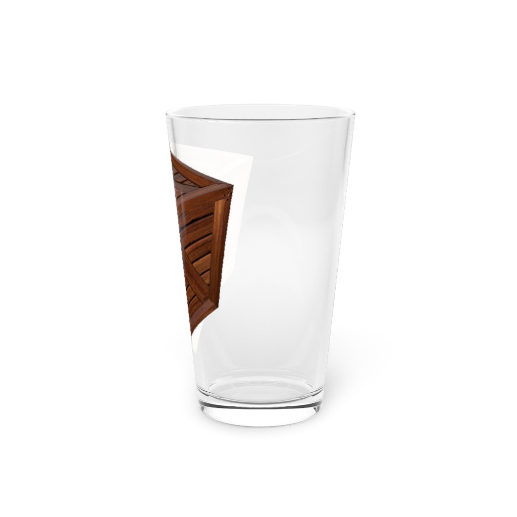 A clear 16oz Crate Pint Glass showcasing its elegant design, perfect for personalized printing.