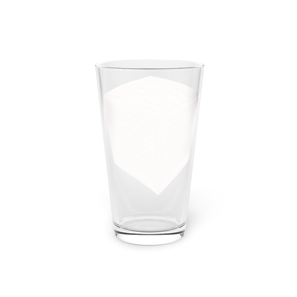 A clear 16oz Crate Pint Glass showcasing its elegant design, perfect for personalized printing.