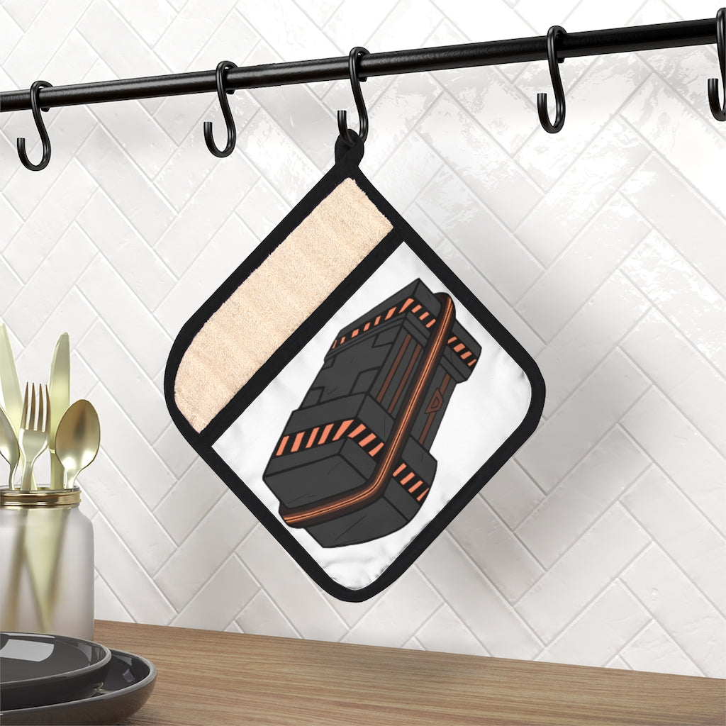 Stylish Crate Pot Holder with Pocket, featuring a black cotton hanging loop and heat-resistant fabric, perfect for kitchen use.