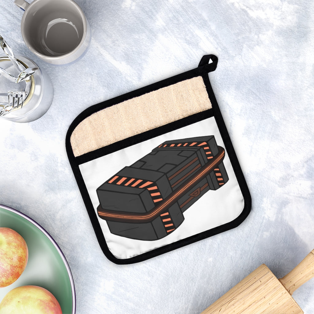 Stylish Crate Pot Holder with Pocket, featuring a black cotton hanging loop and heat-resistant fabric, perfect for kitchen use.