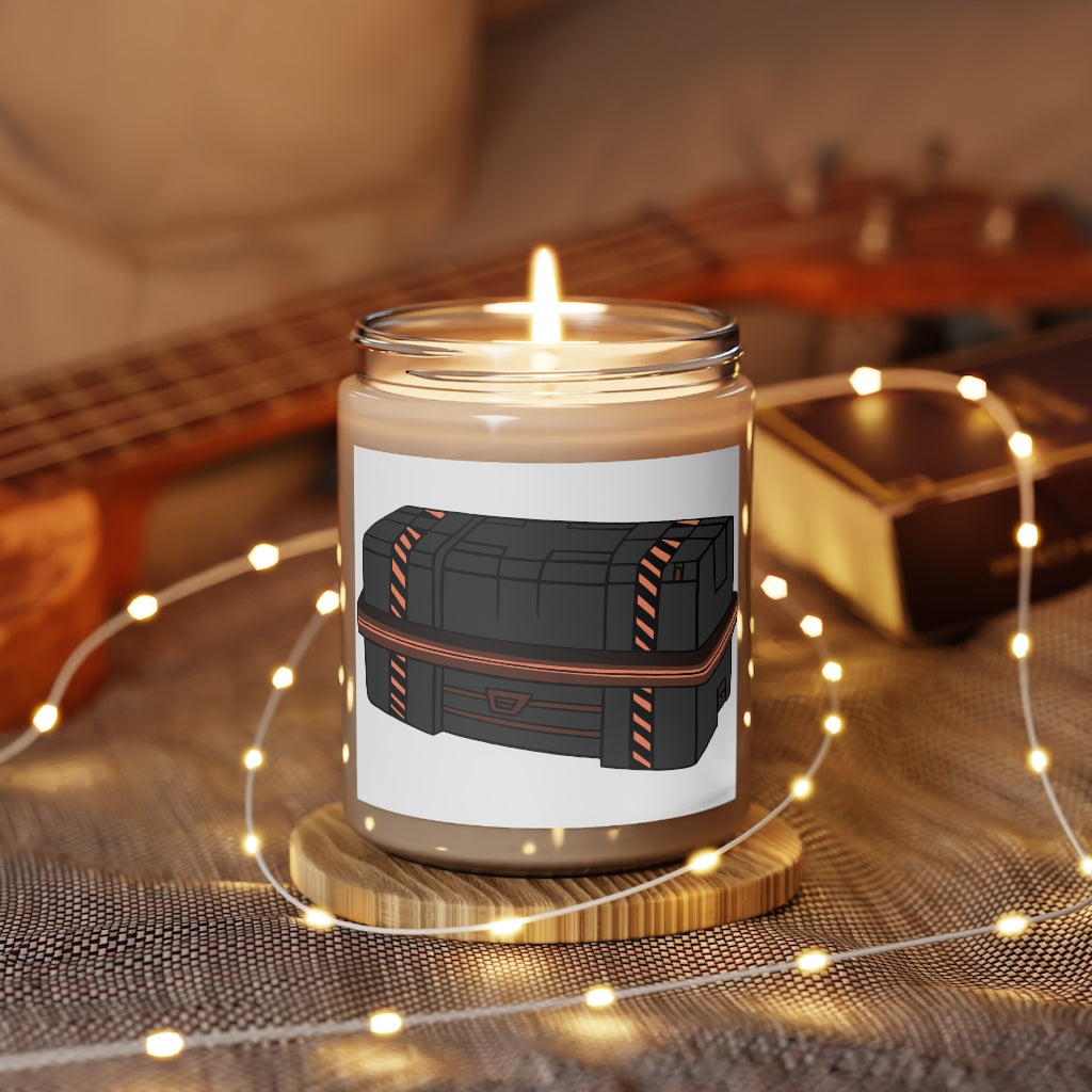 Crate Scented Candle in a glass container, featuring a permanent adhesive label, showcasing its warm Cinnamon Stick and Vanilla fragrances.