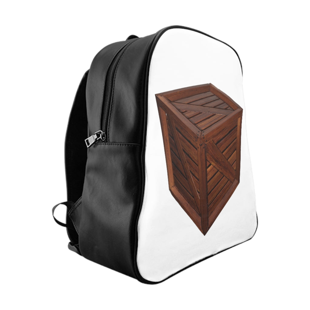 Crate School Backpack made of 100% PU leather with chocolate brown lining, featuring padded back and inside pockets for organization.