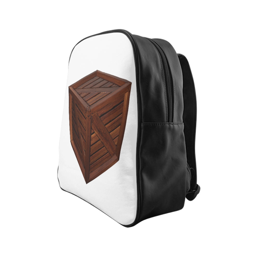 Crate School Backpack made of 100% PU leather with chocolate brown lining, featuring padded back and inside pockets for organization.