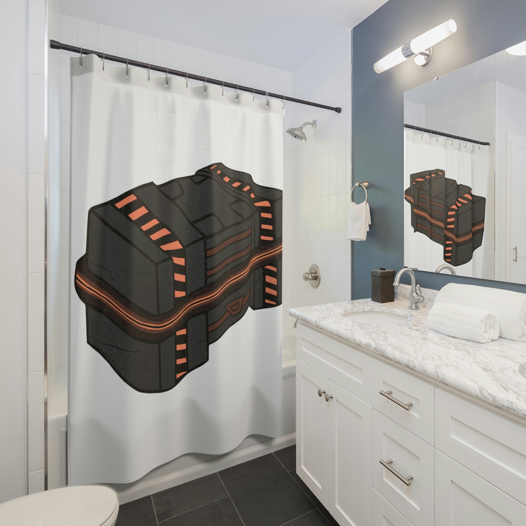 A vibrant Crate Shower Curtain made of durable polyester, showcasing a unique design, perfect for enhancing bathroom decor.