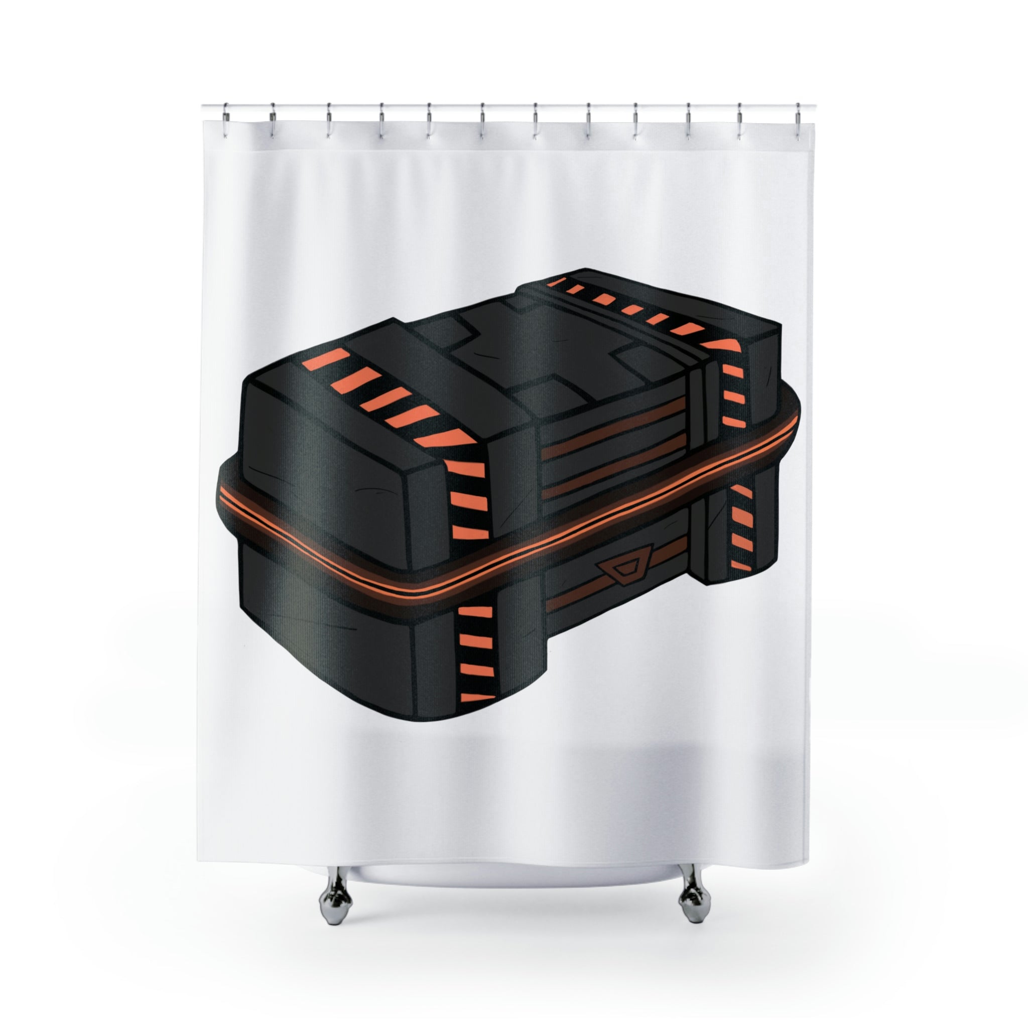 A vibrant Crate Shower Curtain made of durable polyester, showcasing a unique design, perfect for enhancing bathroom decor.