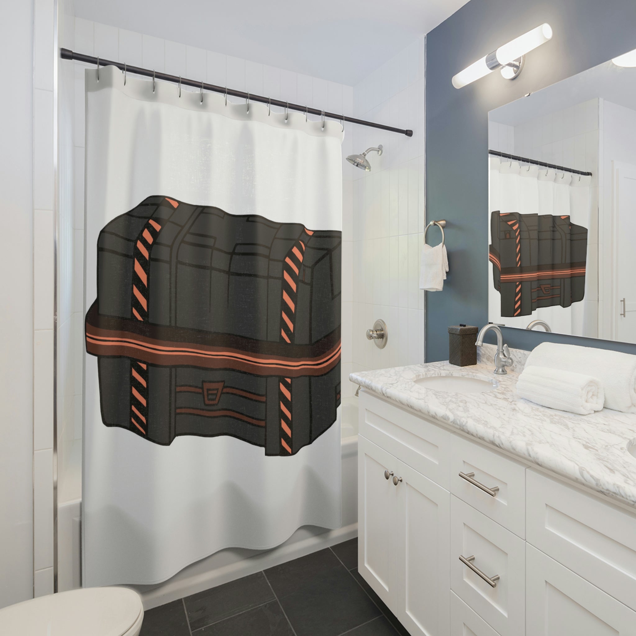 A stylish Crate Shower Curtain made of durable polyester featuring a vibrant custom design, perfect for enhancing bathroom decor.