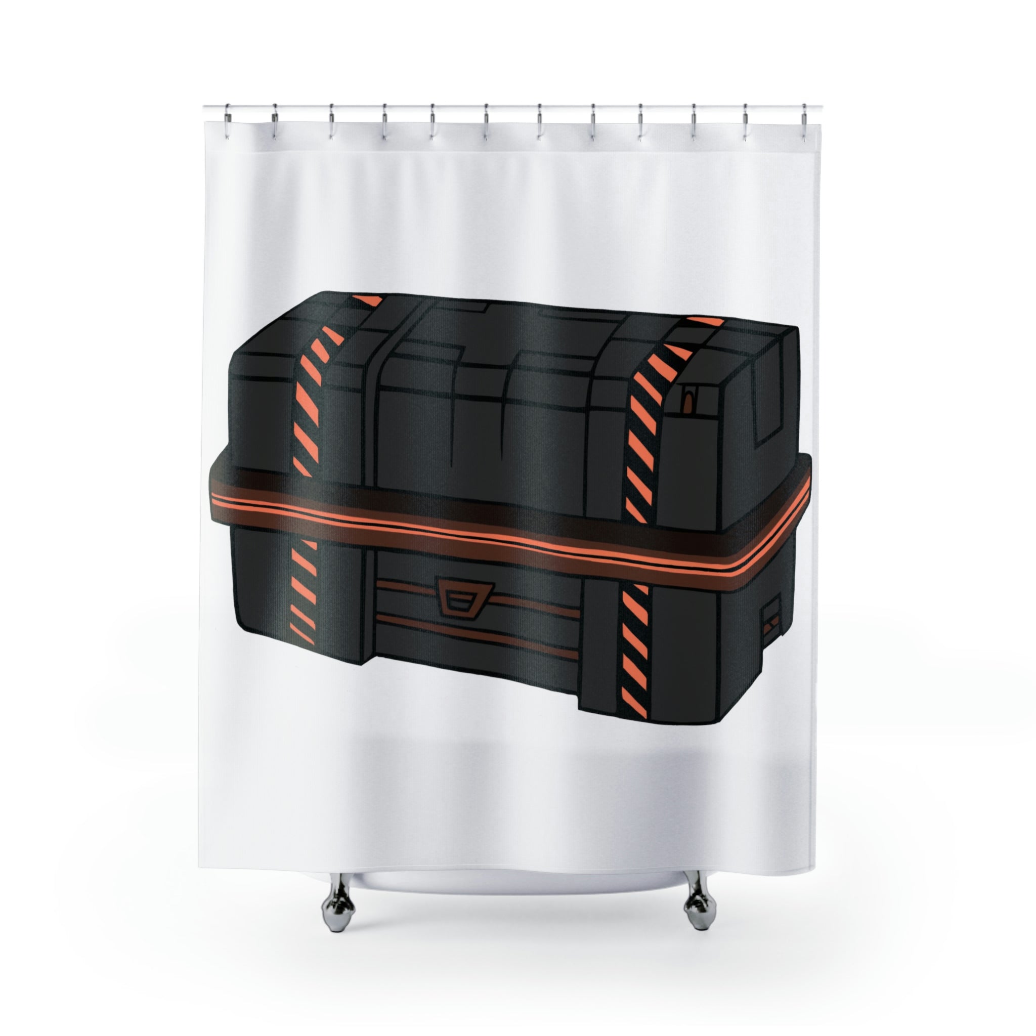 A stylish Crate Shower Curtain made of durable polyester featuring a vibrant custom design, perfect for enhancing bathroom decor.