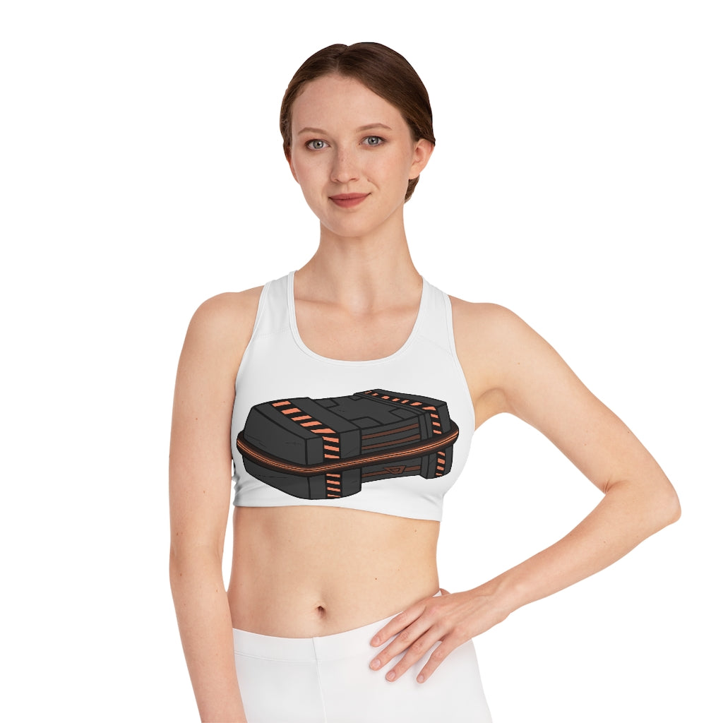 Crate Sports Bra featuring customizable all-over print design, compression fit, and double-layer front for enhanced support and comfort.