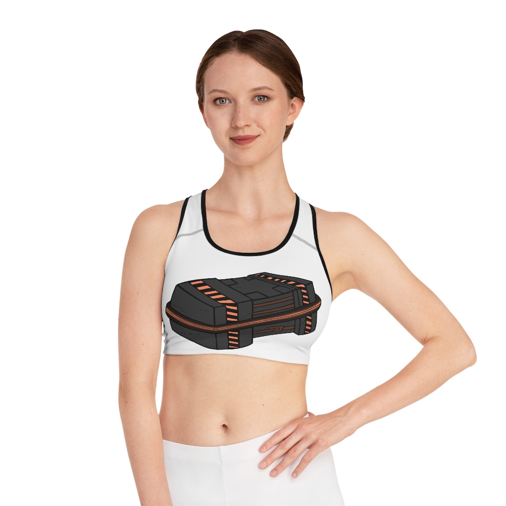 Crate Sports Bra featuring customizable all-over print design, compression fit, and double-layer front for enhanced support and comfort.