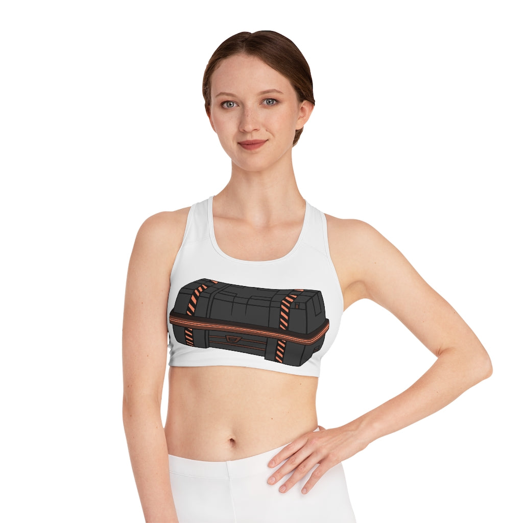 Crate Sports Bra featuring customizable all-over print design, compression fit, and double-layer front for enhanced comfort.