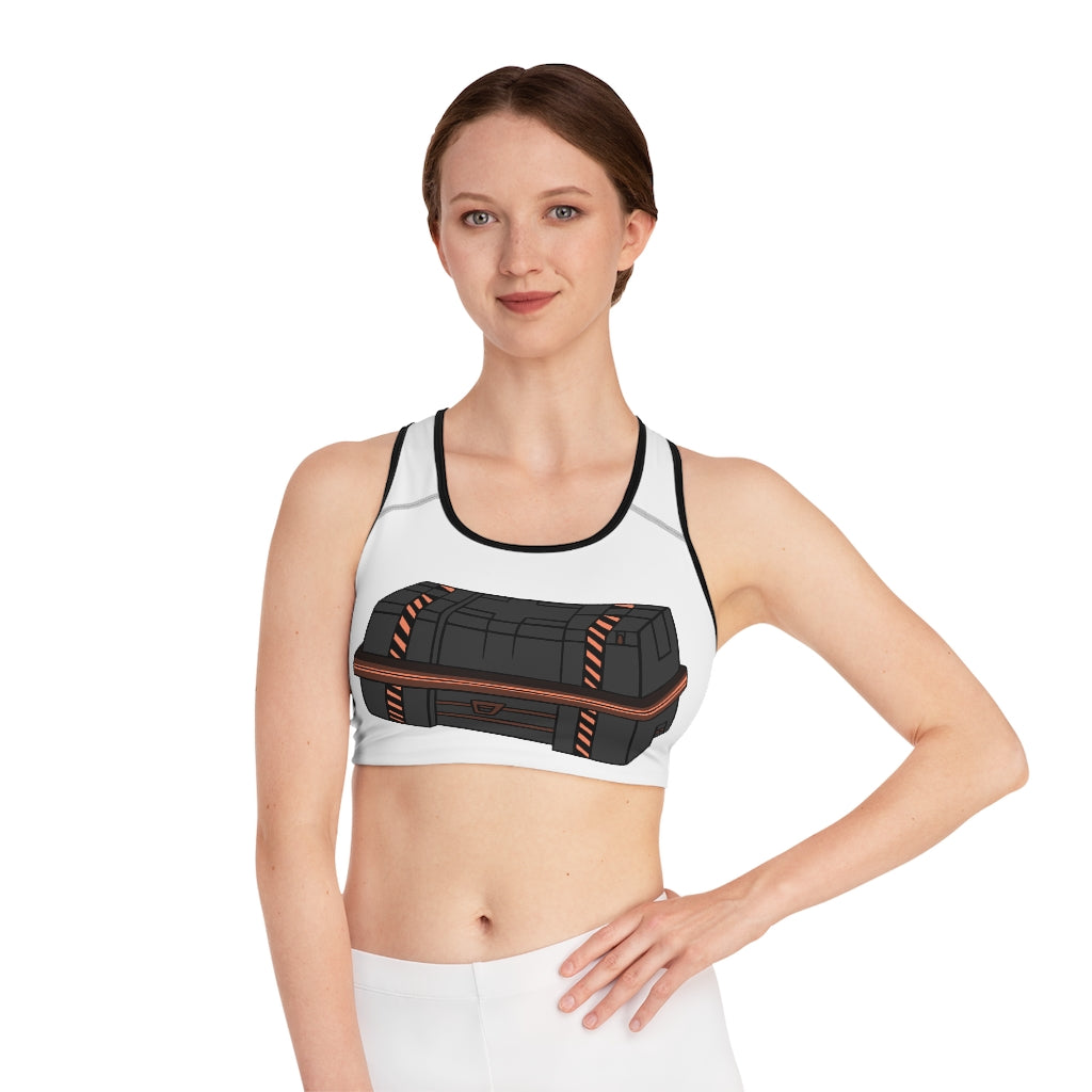 Crate Sports Bra featuring customizable all-over print design, compression fit, and double-layer front for enhanced comfort.