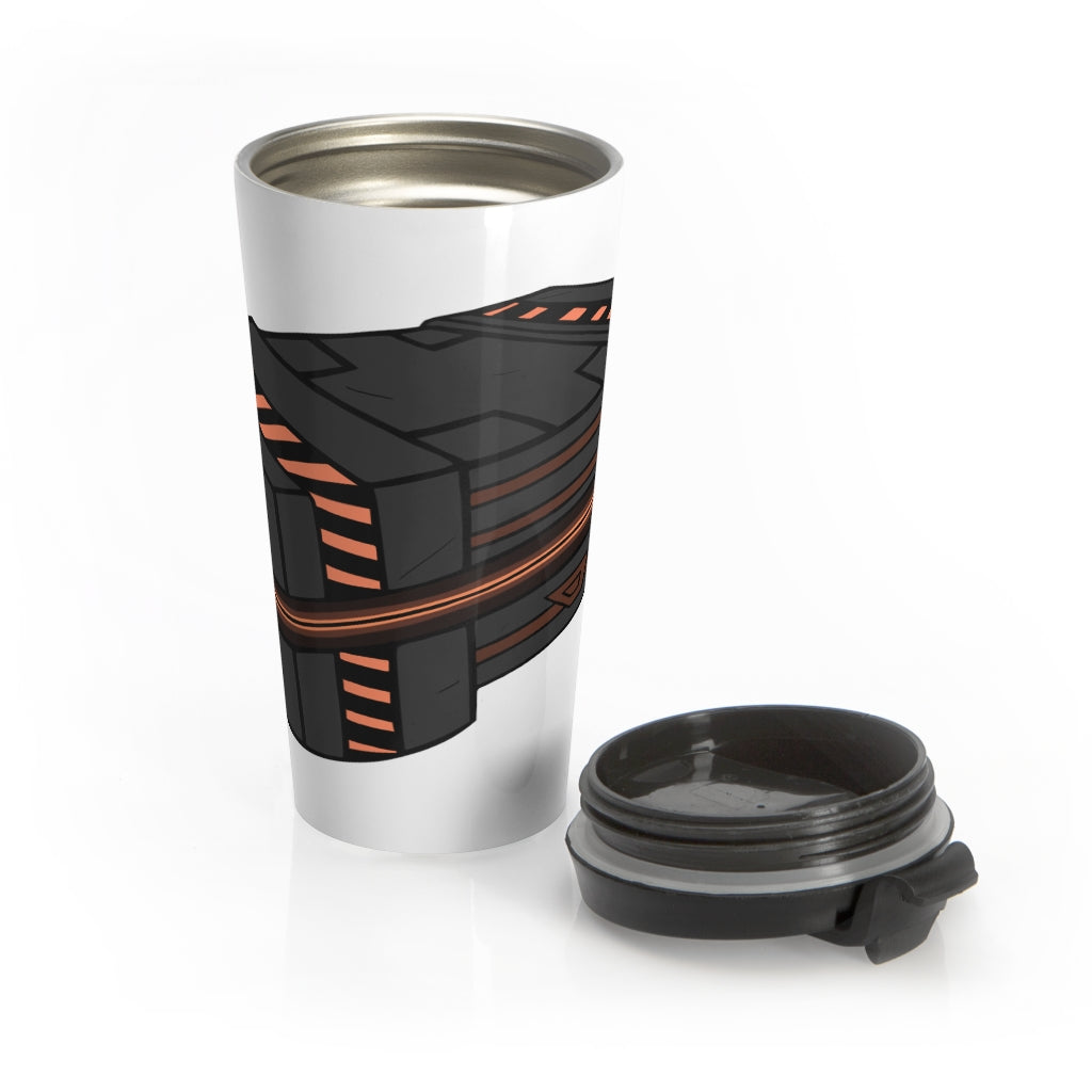 Crate Stainless Steel Travel Mug with black lid, showcasing its sleek design and durable stainless steel material.