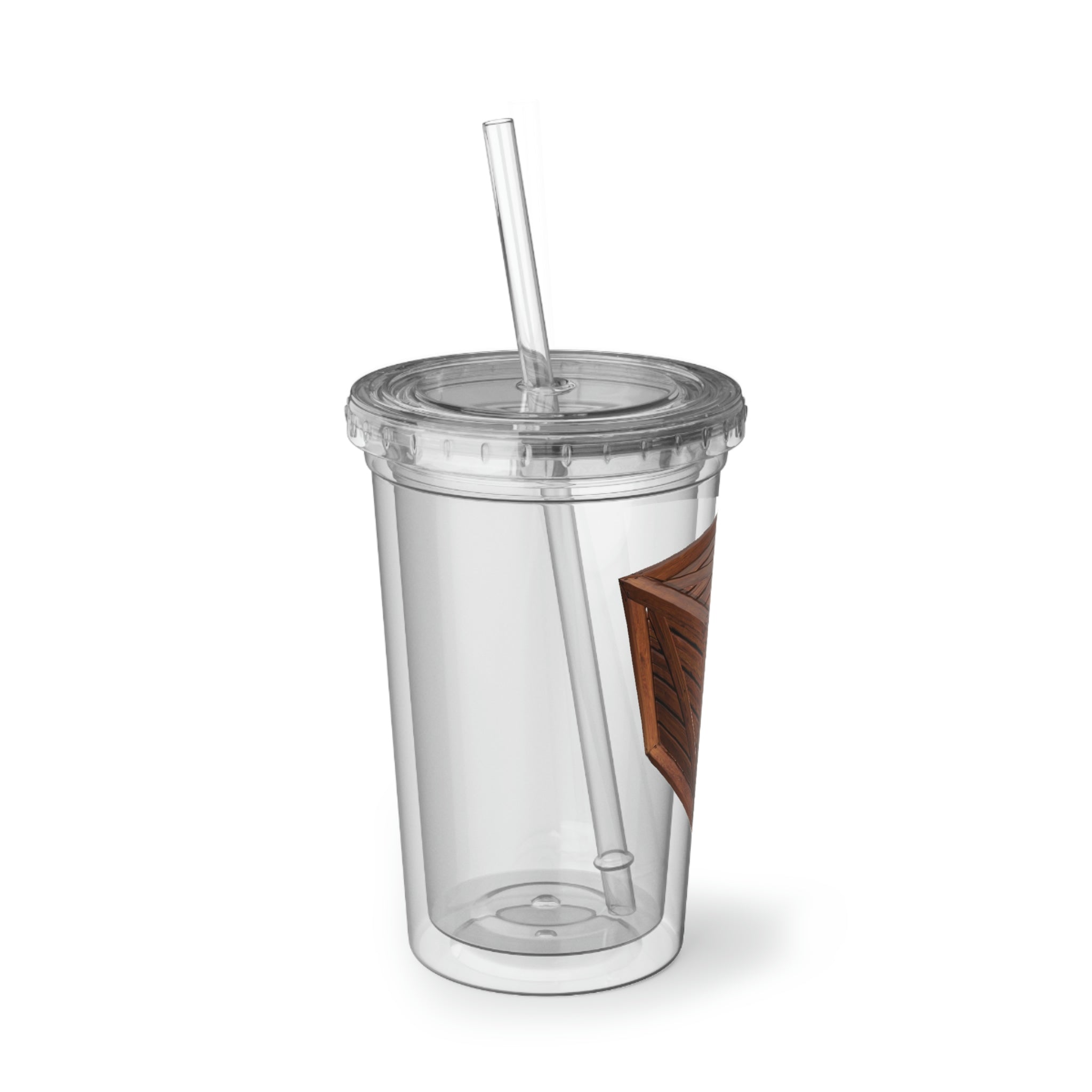 Crate Suave Acrylic Cup in stainless steel with a black screw-on cap and a plastic straw, showcasing a customizable design.