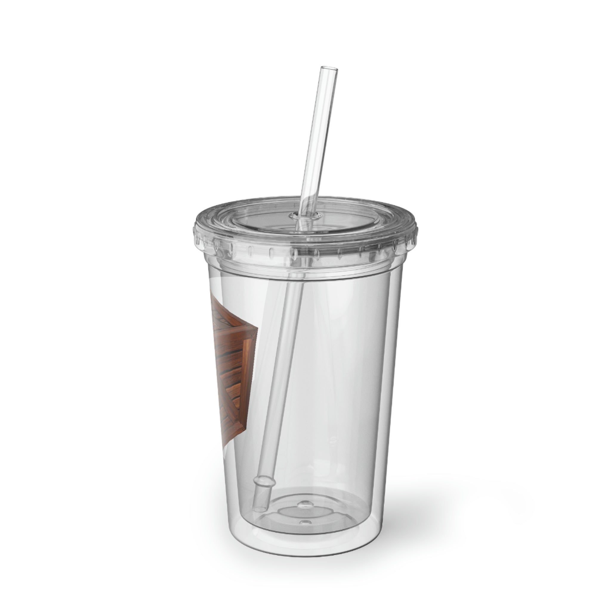 Crate Suave Acrylic Cup in stainless steel with a black screw-on cap and a plastic straw, showcasing a customizable design.