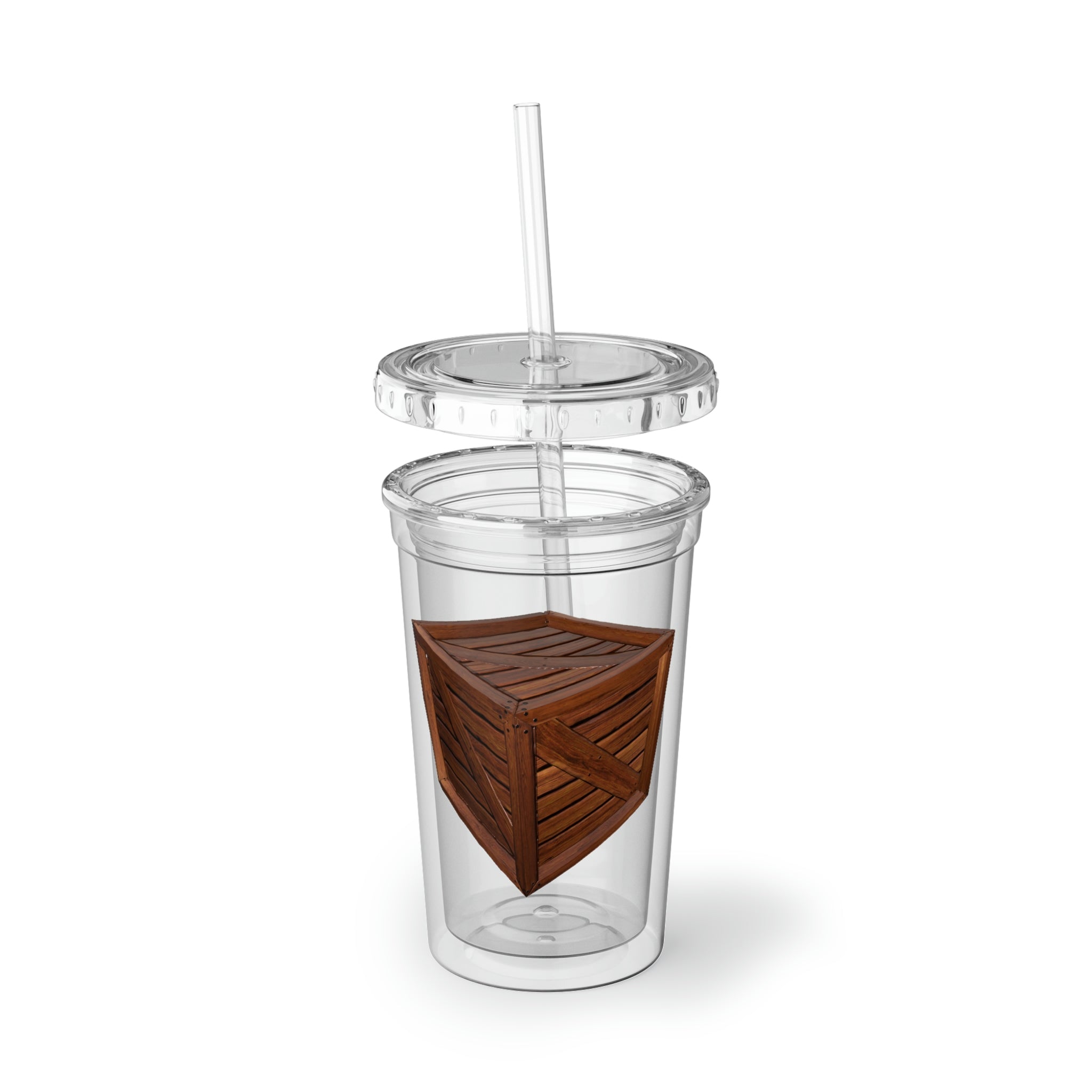 Crate Suave Acrylic Cup in stainless steel with a black screw-on cap and a plastic straw, showcasing a customizable design.