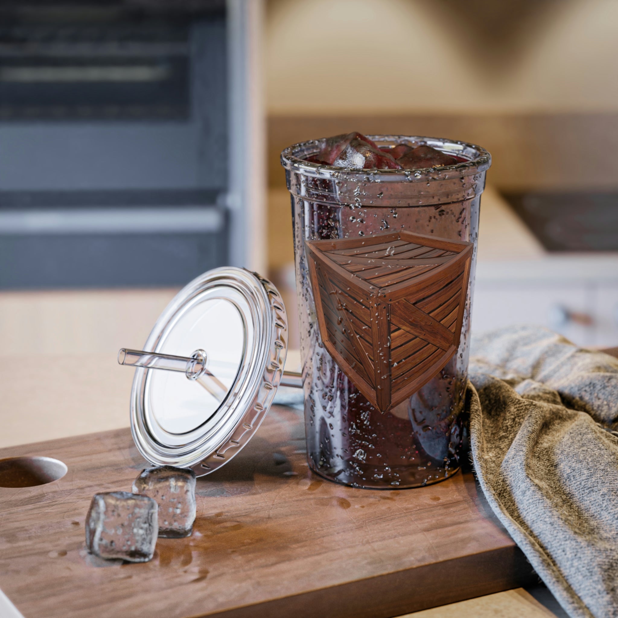 Crate Suave Acrylic Cup in stainless steel with a black screw-on cap and a plastic straw, showcasing a customizable design.