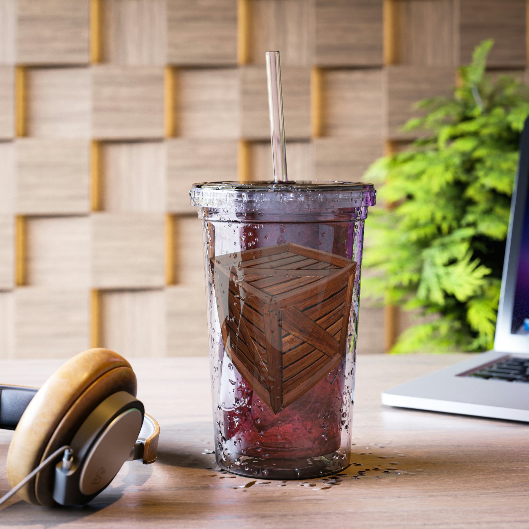 Crate Suave Acrylic Cup in stainless steel with a black screw-on cap and a plastic straw, showcasing a customizable design.