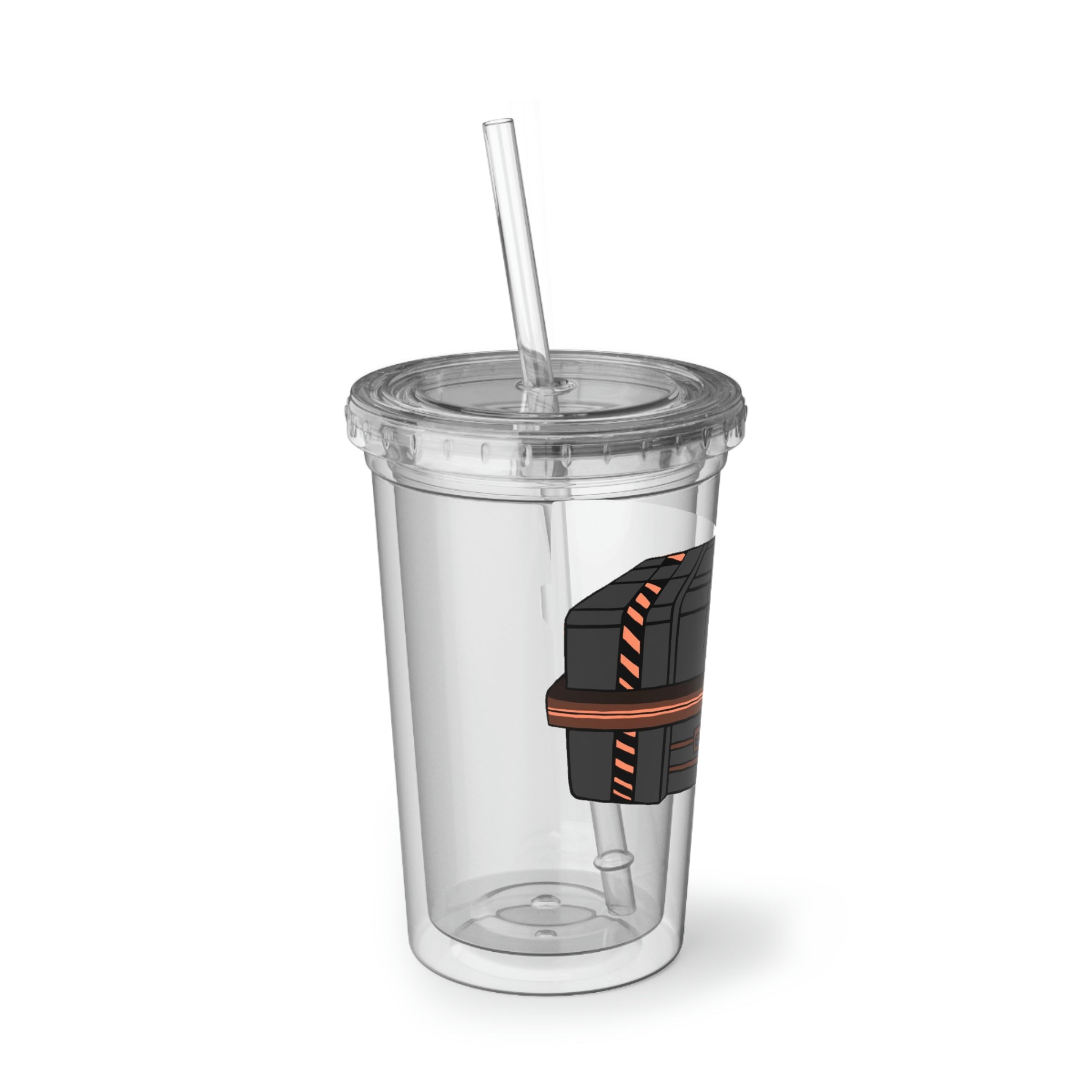 A stylish Crate Suave Acrylic Cup with a double-wall design, featuring a vibrant custom print and a BPA-free plastic lid and straw.