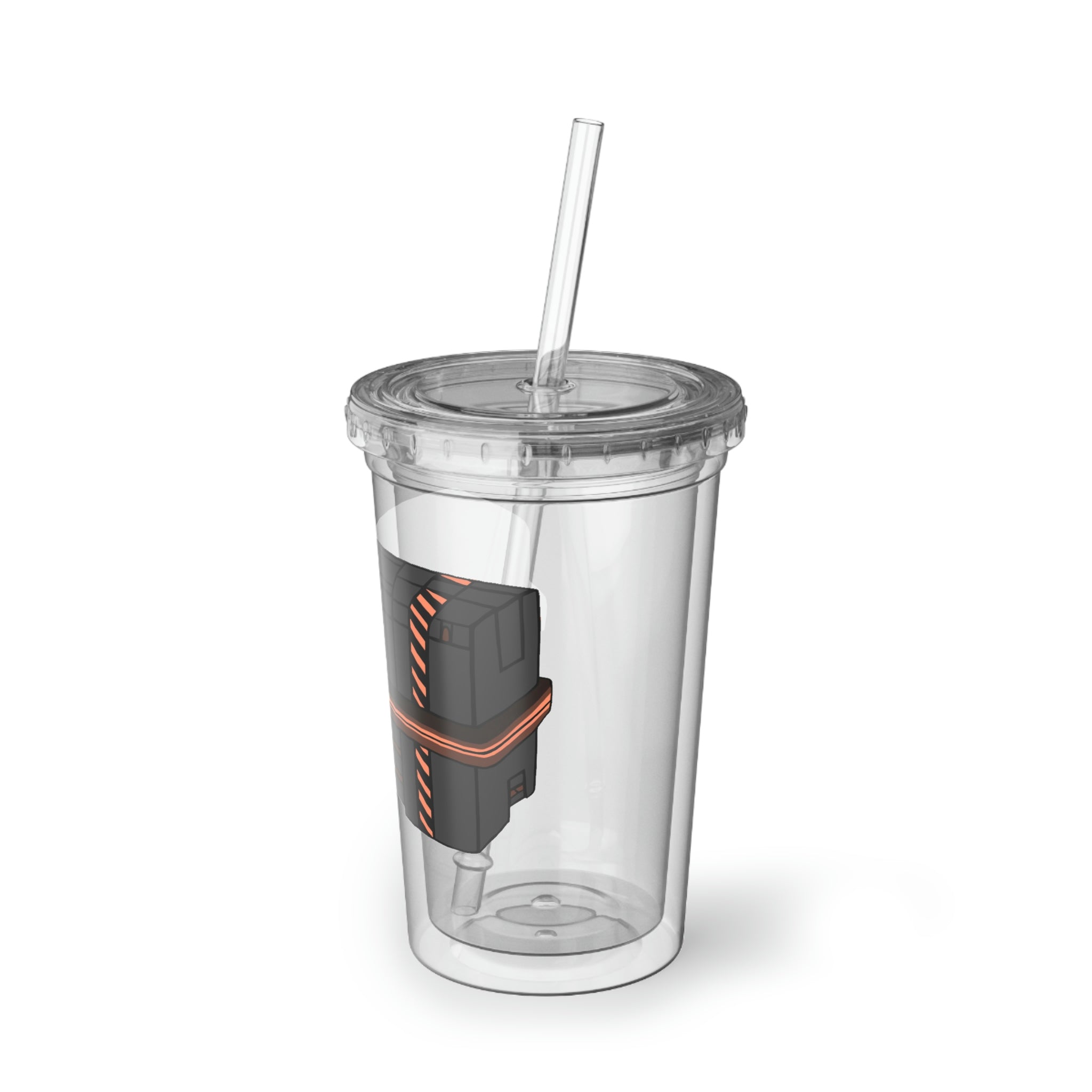 A stylish Crate Suave Acrylic Cup with a double-wall design, featuring a vibrant custom print and a BPA-free plastic lid and straw.