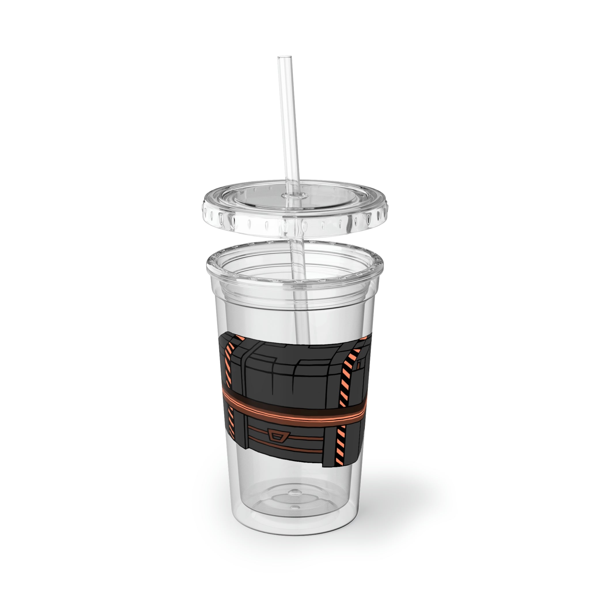 A stylish Crate Suave Acrylic Cup with a double-wall design, featuring a vibrant custom print and a BPA-free plastic lid and straw.