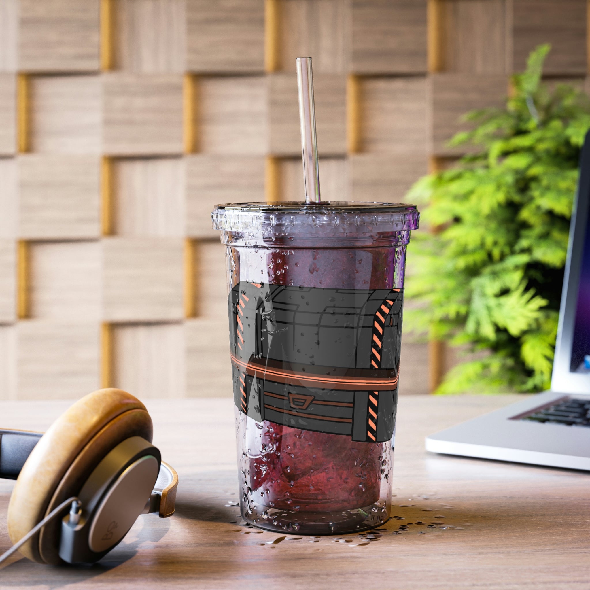 A stylish Crate Suave Acrylic Cup with a double-wall design, featuring a vibrant custom print and a BPA-free plastic lid and straw.