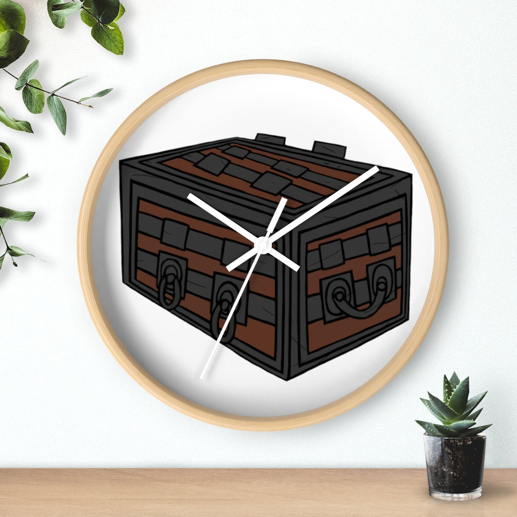 A stylish Crate Wall Clock featuring a wooden frame and a plexiglass face, perfect for indoor decor.