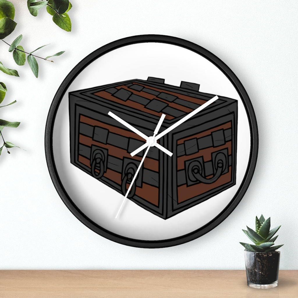 A stylish Crate Wall Clock featuring a wooden frame and a plexiglass face, perfect for indoor decor.