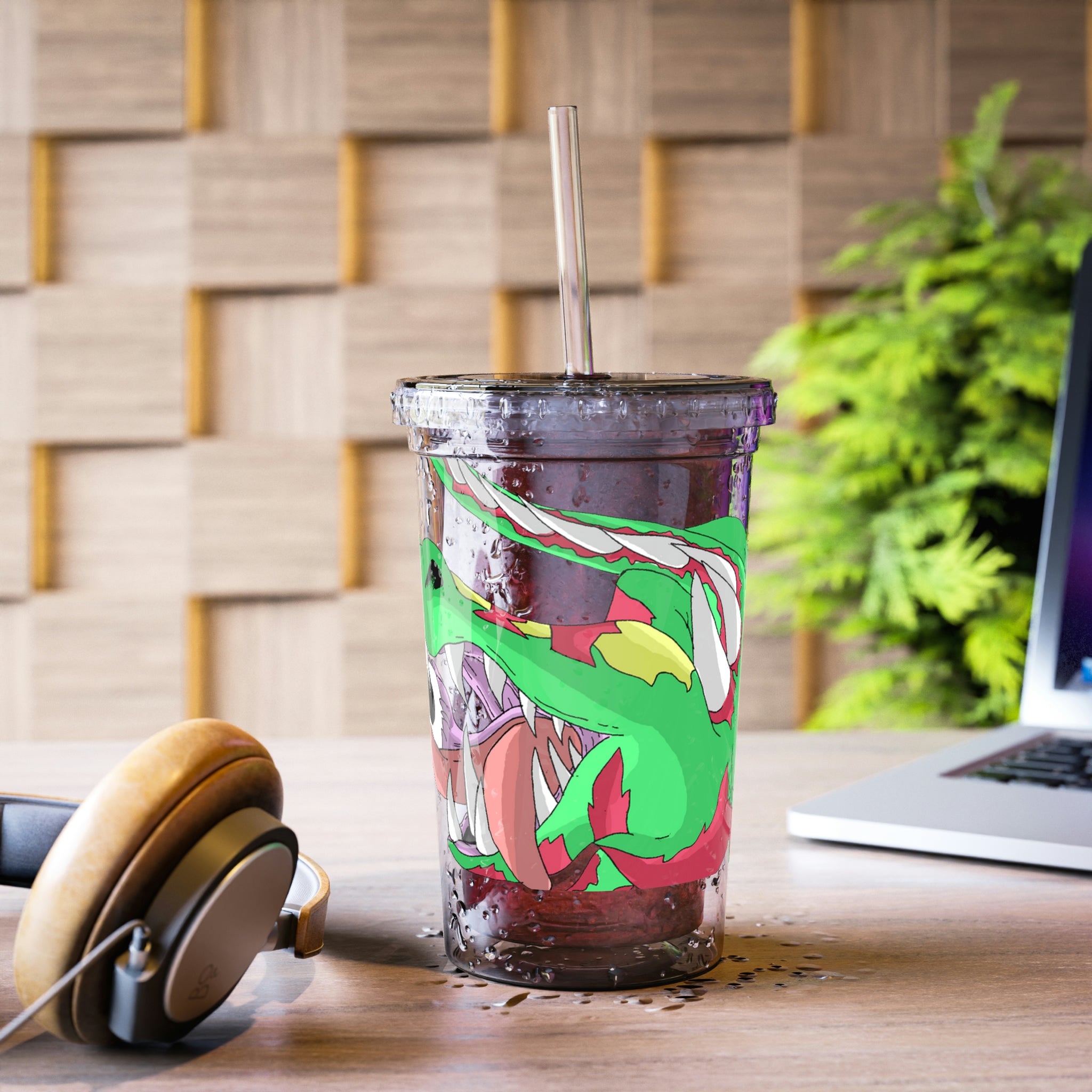 Crawnawsome Suave Acrylic Cup with double-wall insulation, featuring a plastic lid and straw, perfect for hot and cold beverages.