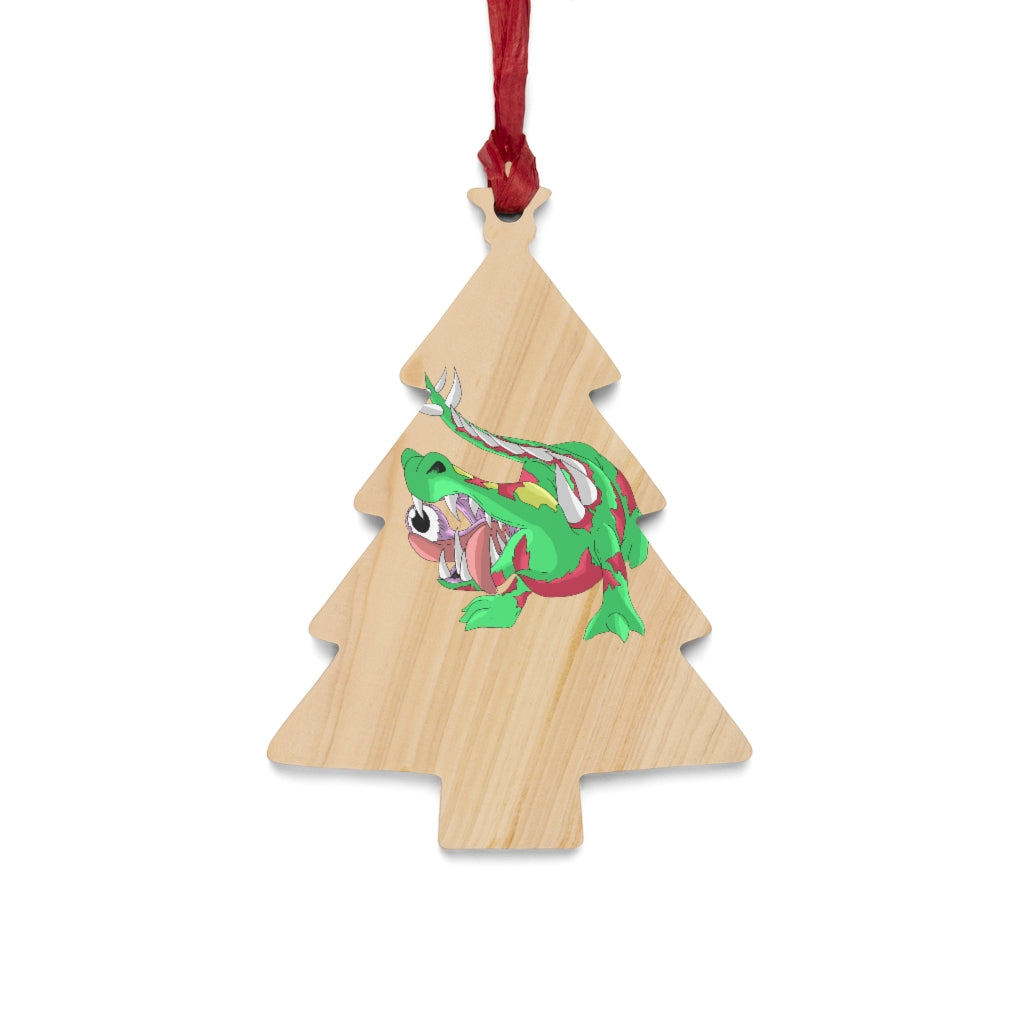 Crawnawsome Wooden Christmas Ornaments in various whimsical shapes, featuring a rustic wood finish and red hanging ribbons.