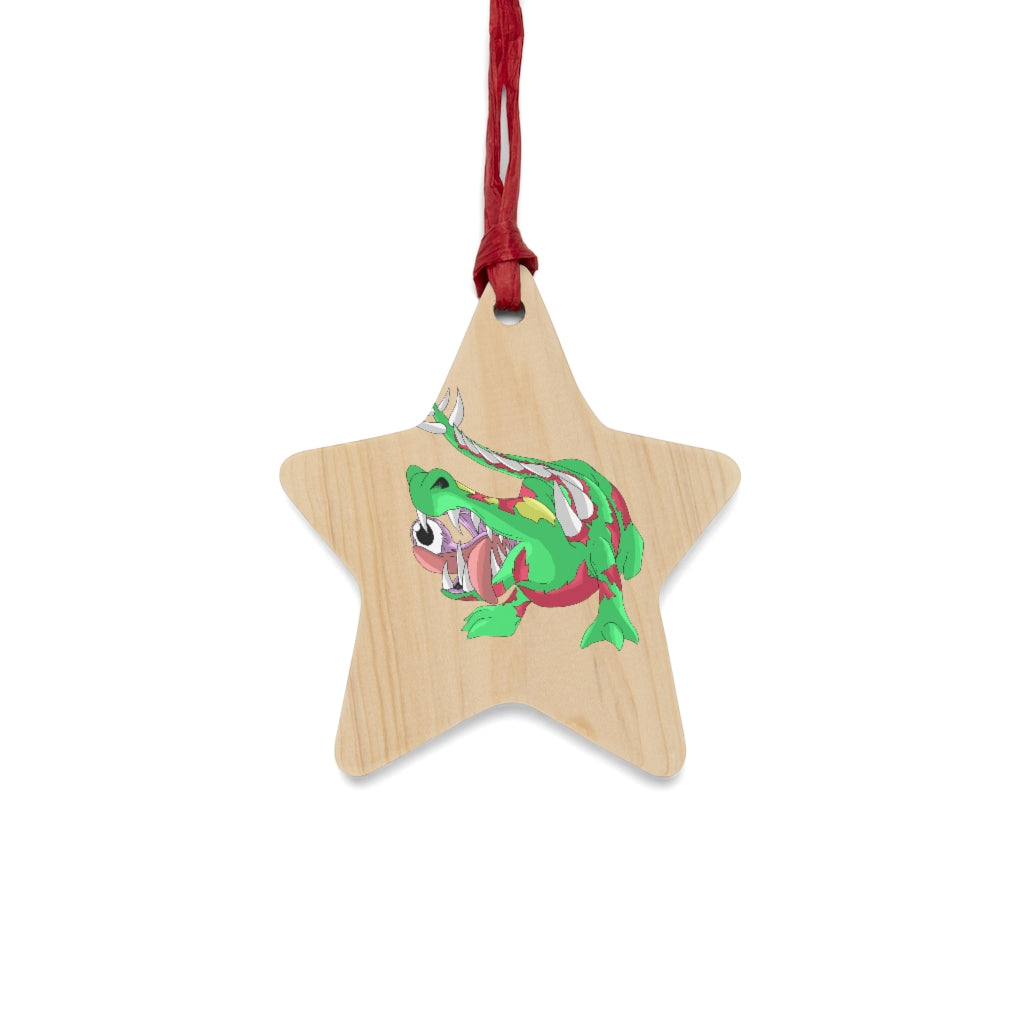 Crawnawsome Wooden Christmas Ornaments in various whimsical shapes, featuring a rustic wood finish and red hanging ribbons.