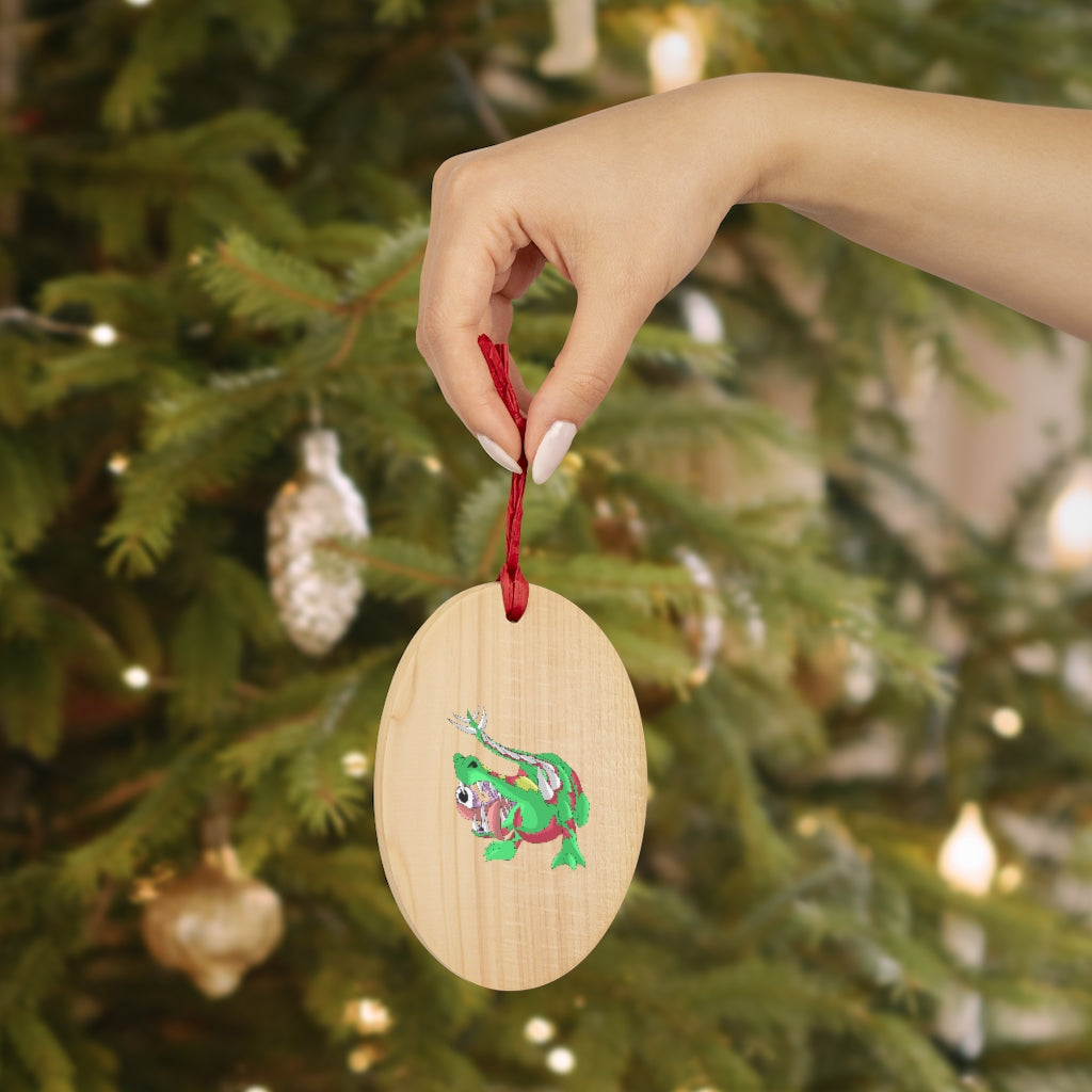 Crawnawsome Wooden Christmas Ornaments in various whimsical shapes, featuring a rustic wood finish and red hanging ribbons.