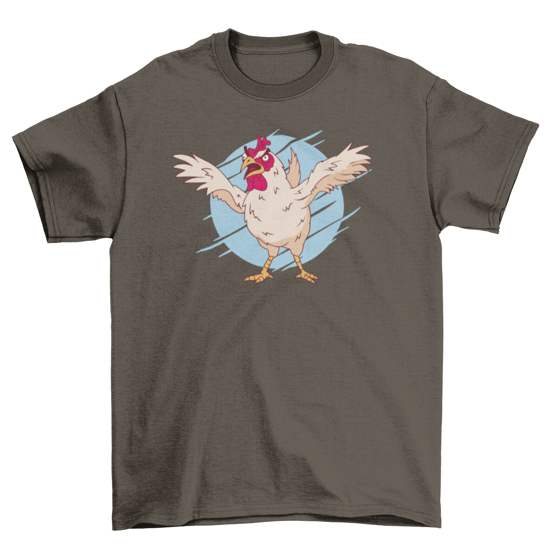 A vibrant t-shirt featuring a quirky cartoon of a crazy chicken, showcasing its playful design.