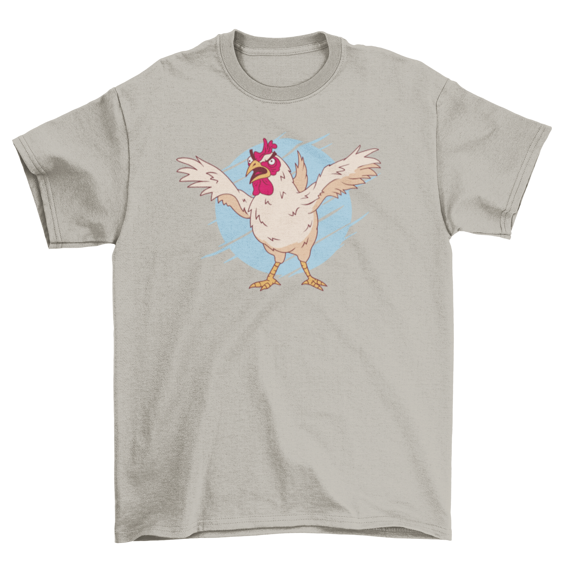 A vibrant t-shirt featuring a quirky cartoon of a crazy chicken, showcasing its playful design.