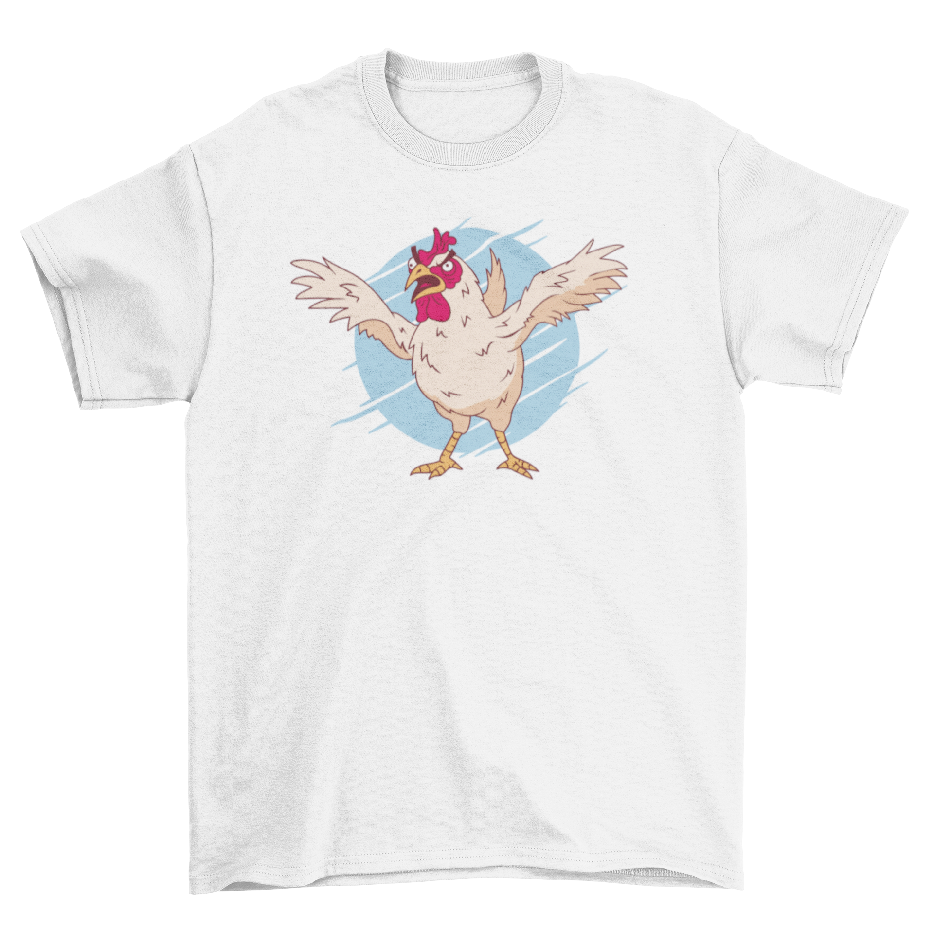 A vibrant t-shirt featuring a quirky cartoon of a crazy chicken, showcasing its playful design.