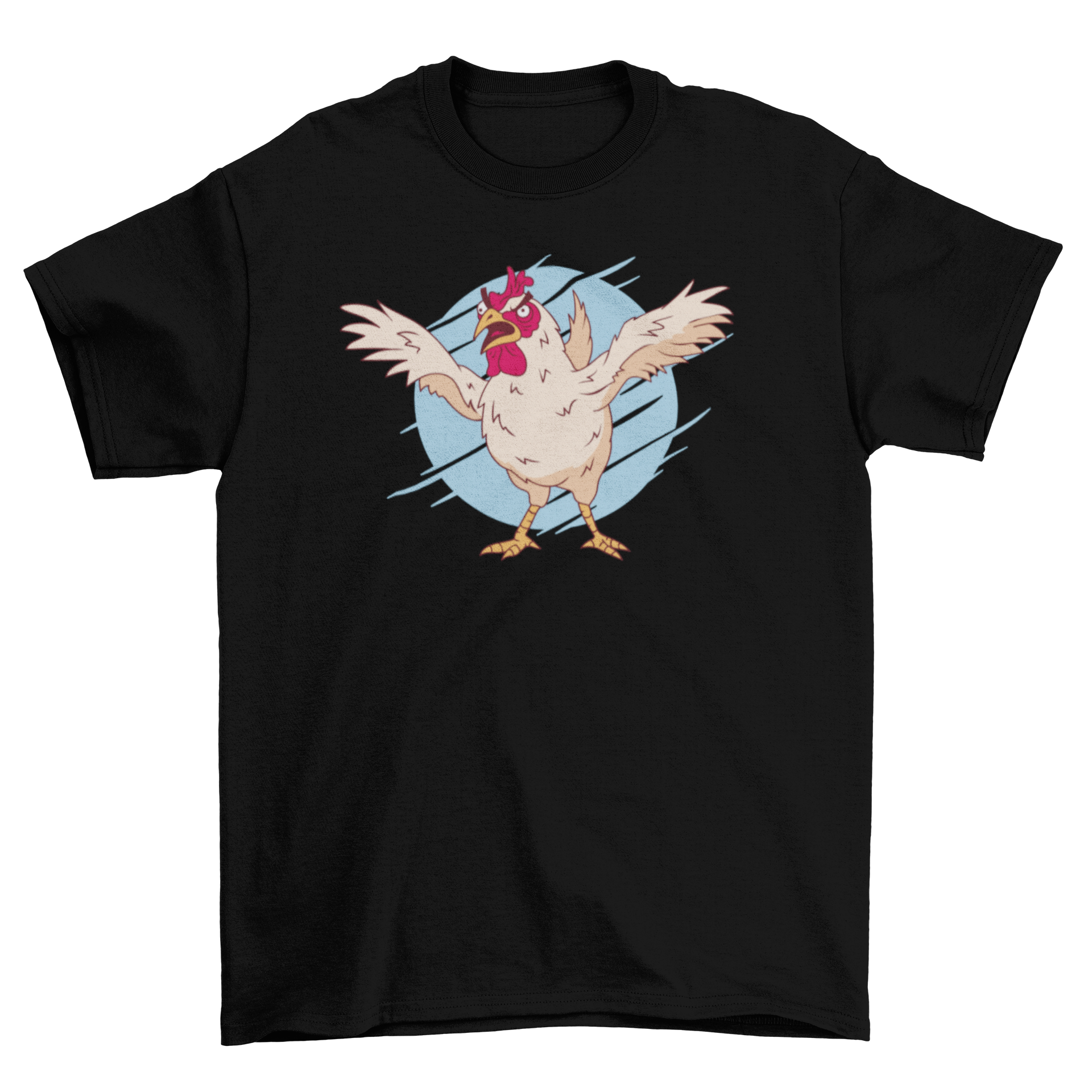 A vibrant t-shirt featuring a quirky cartoon of a crazy chicken, showcasing its playful design.