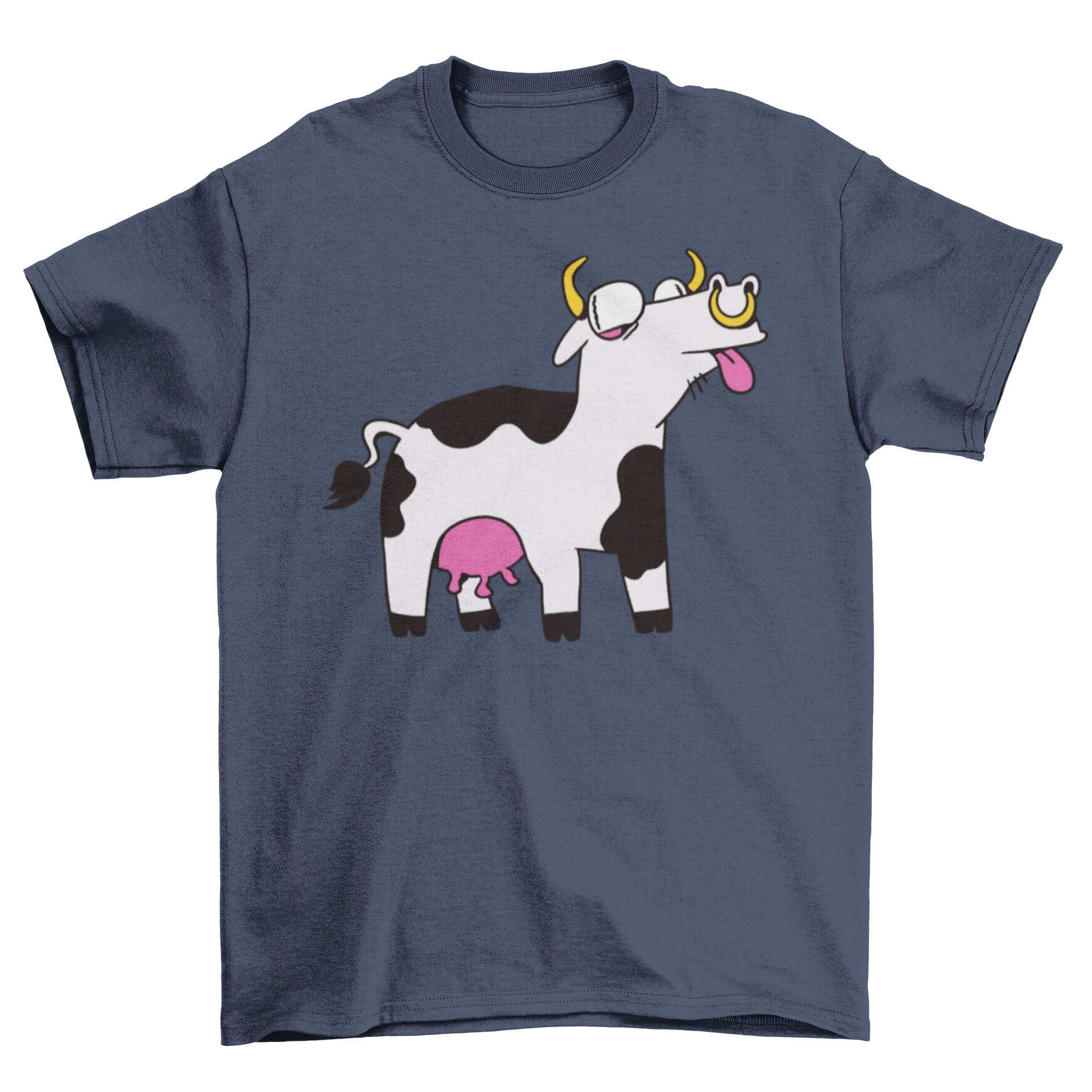 A colorful cartoon-style t-shirt featuring a funny crazy cow design, perfect for casual wear.