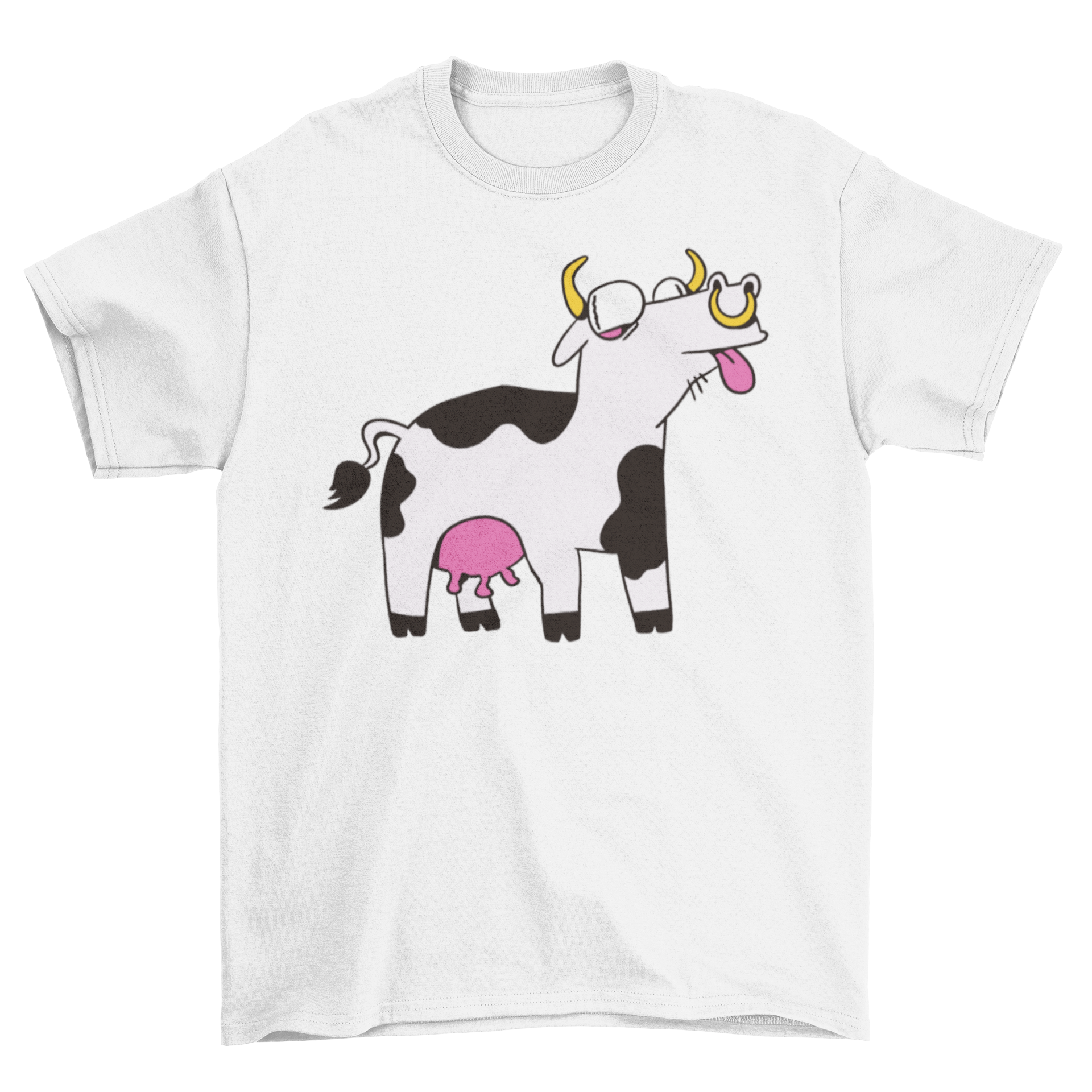 A colorful cartoon-style t-shirt featuring a funny crazy cow design, perfect for casual wear.