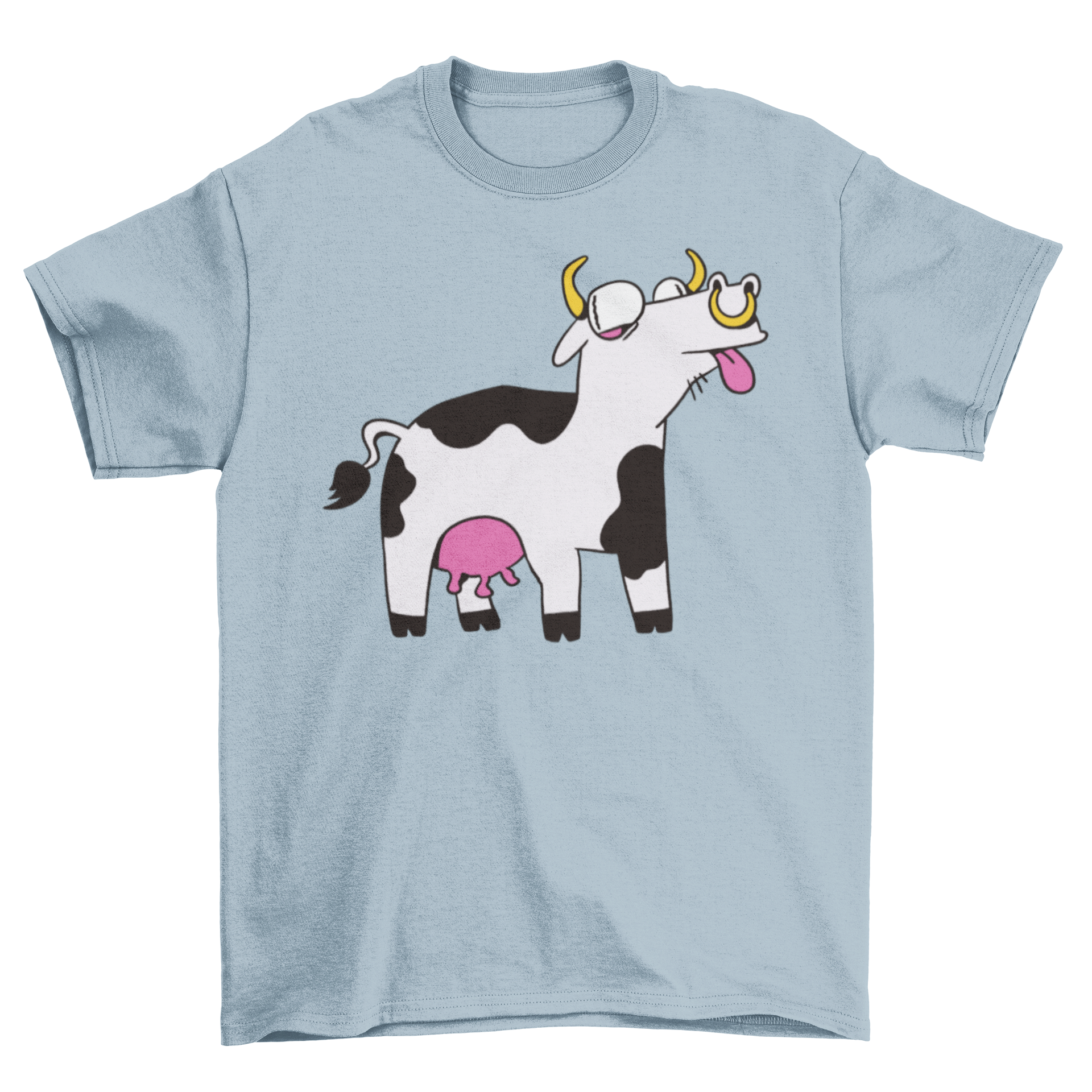 A colorful cartoon-style t-shirt featuring a funny crazy cow design, perfect for casual wear.